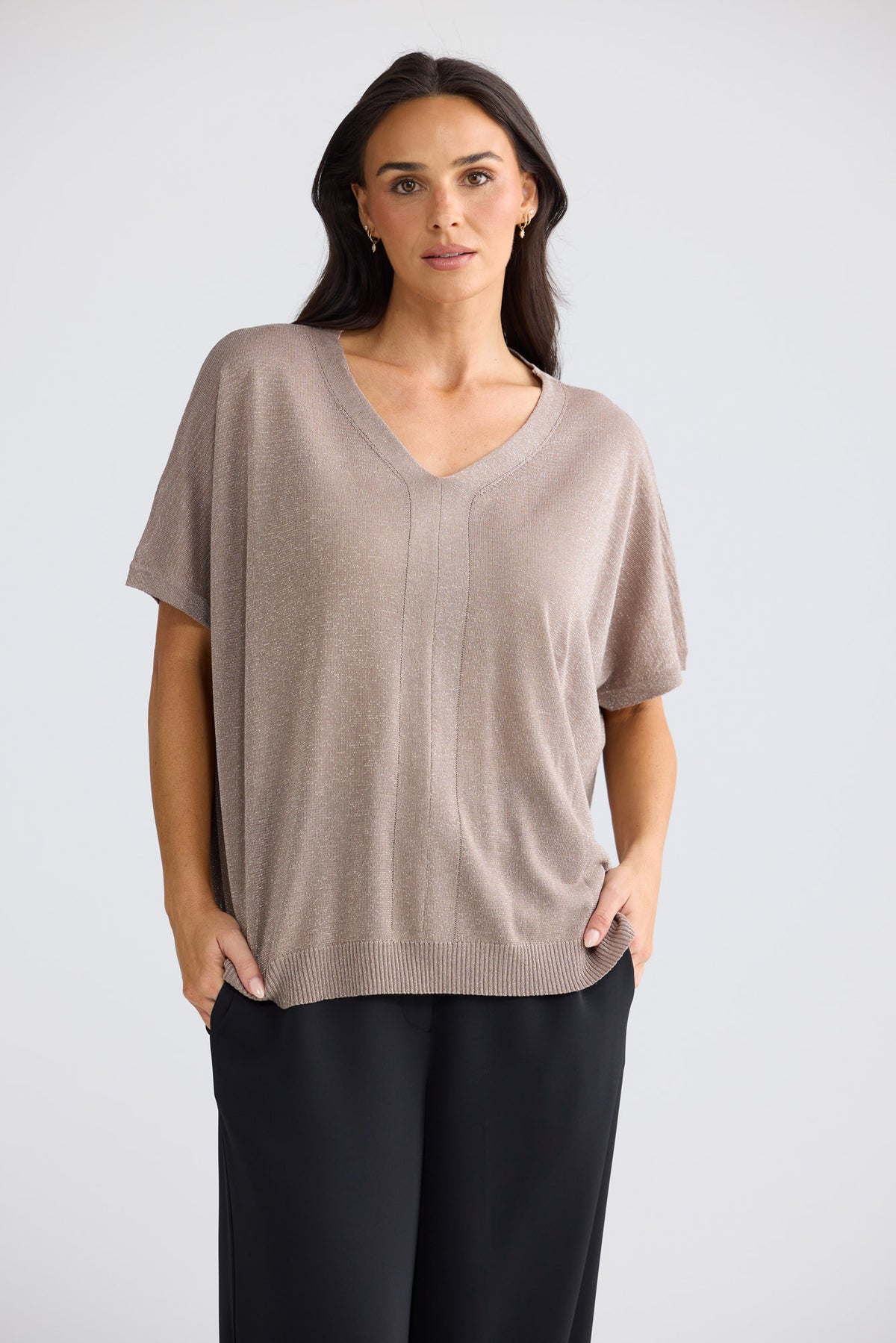 Model wearing Jessamy Top in Champagne W Silver by Brave + True, view 2.