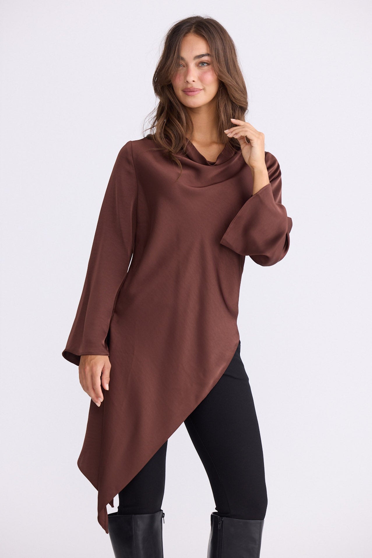 Model wearing Kirsten Top in brown, front view on white background