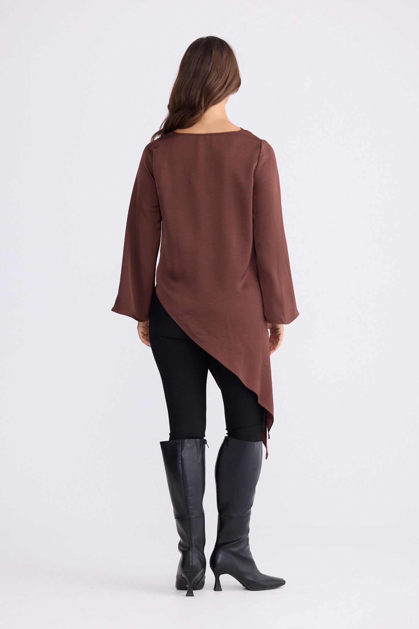 Model wearing Kirsten Top in brown, front view on white background