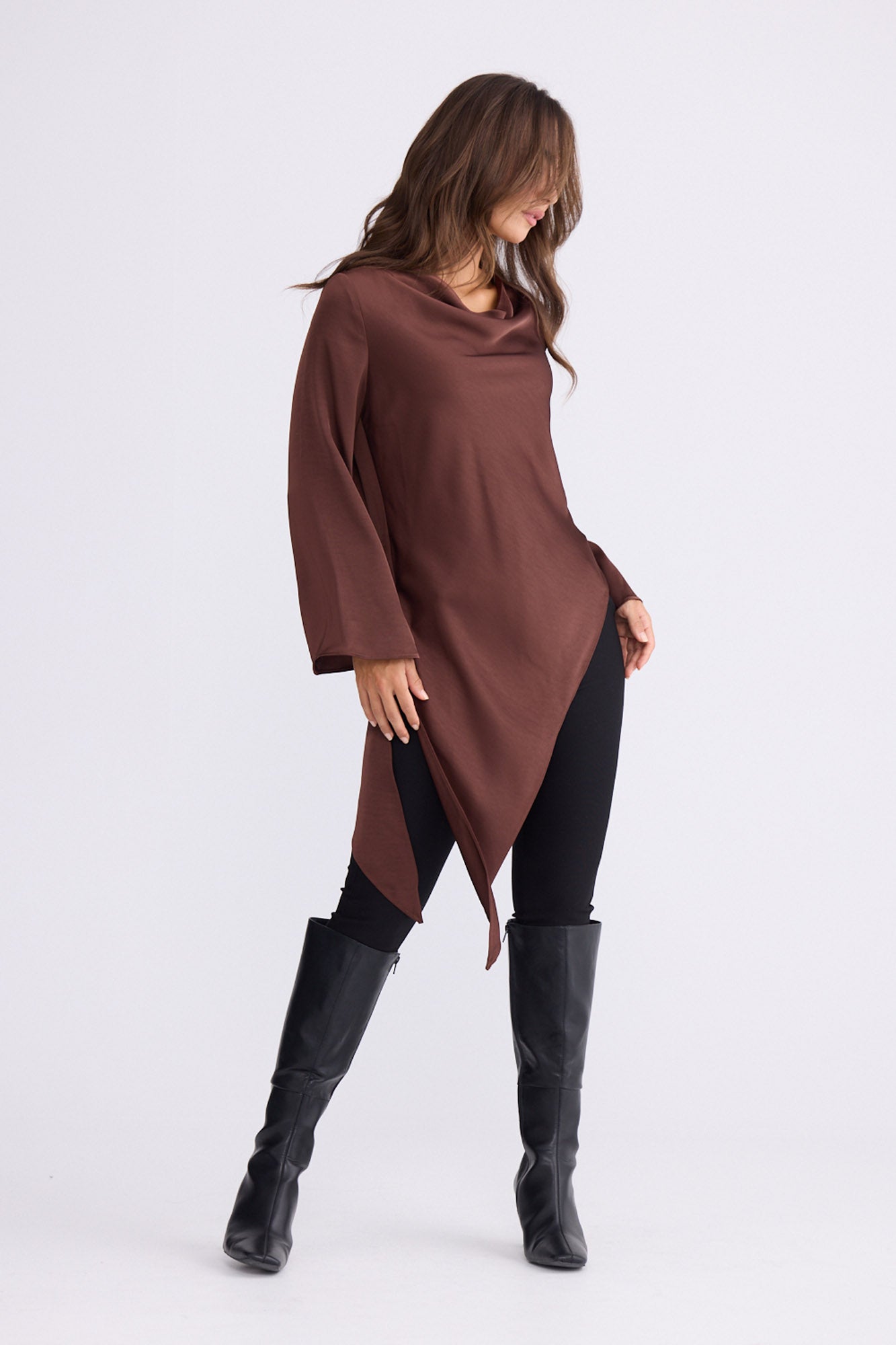 Model wearing Kirsten Top in brown, back view on white background