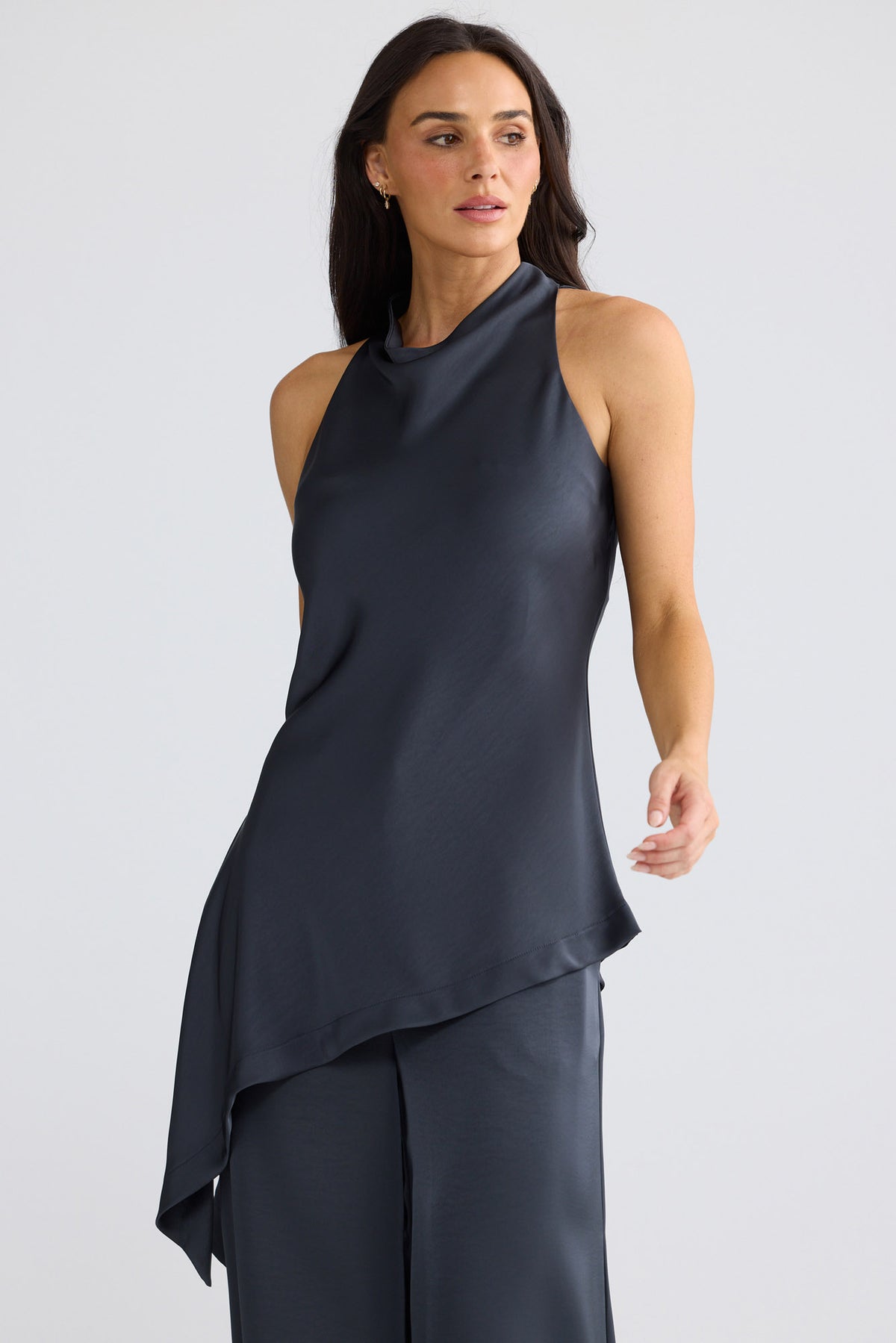 Model wearing Madison Top in graphite grey by Brave + True, front view showing cowl neckline.