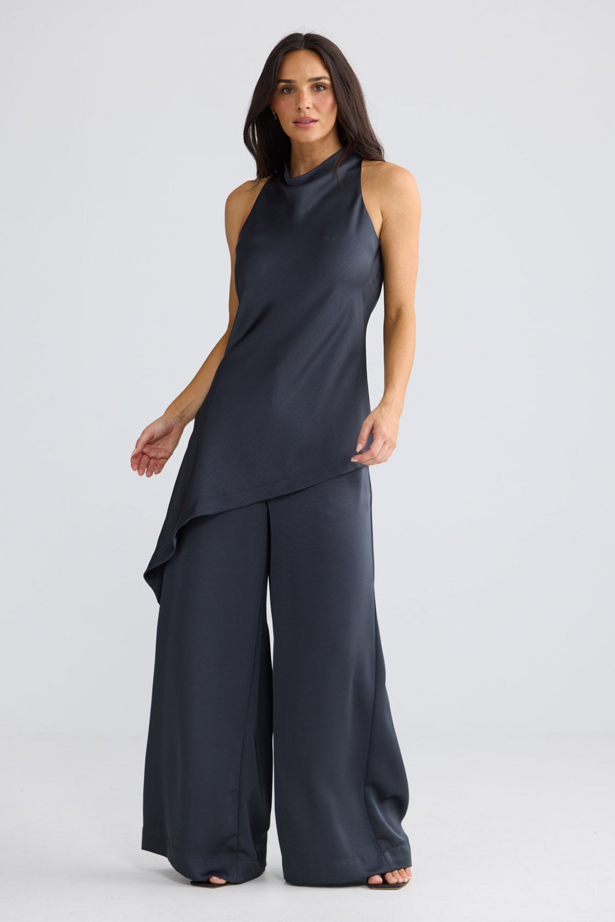 Model wearing Madison Top in Graphite by Brave + True, view 2.