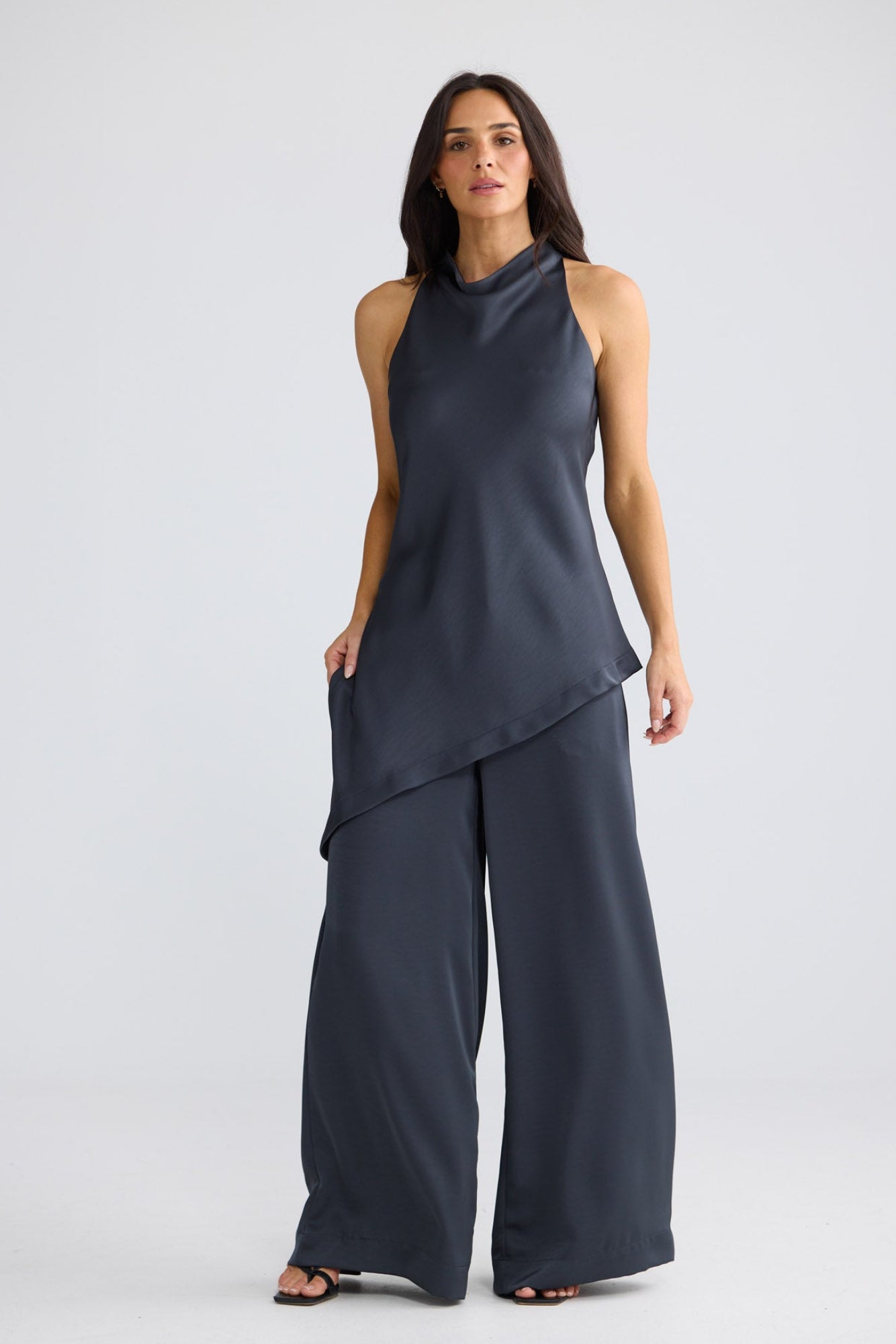 Model wearing Madison Top in Graphite by Brave + True, view 3.