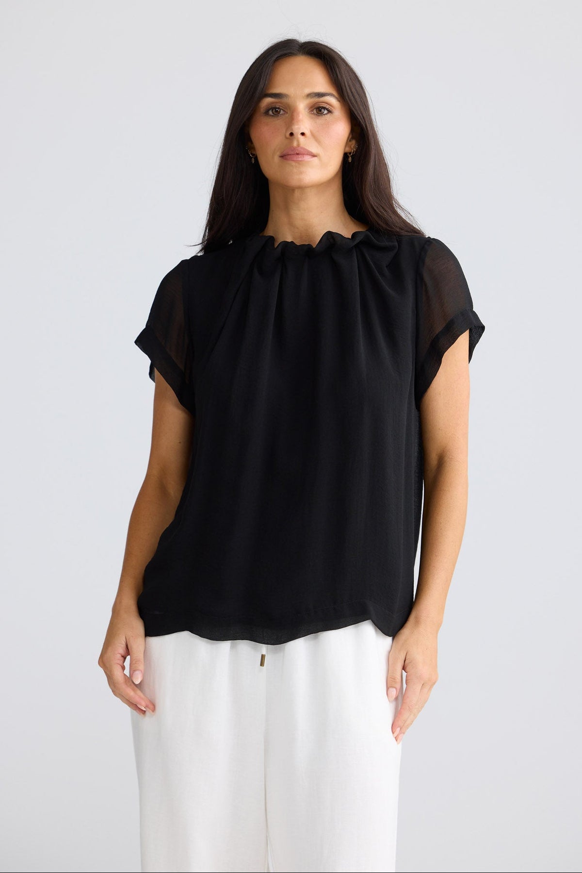 Model wearing Carina Blouse in Black by Brave + True, view 2.