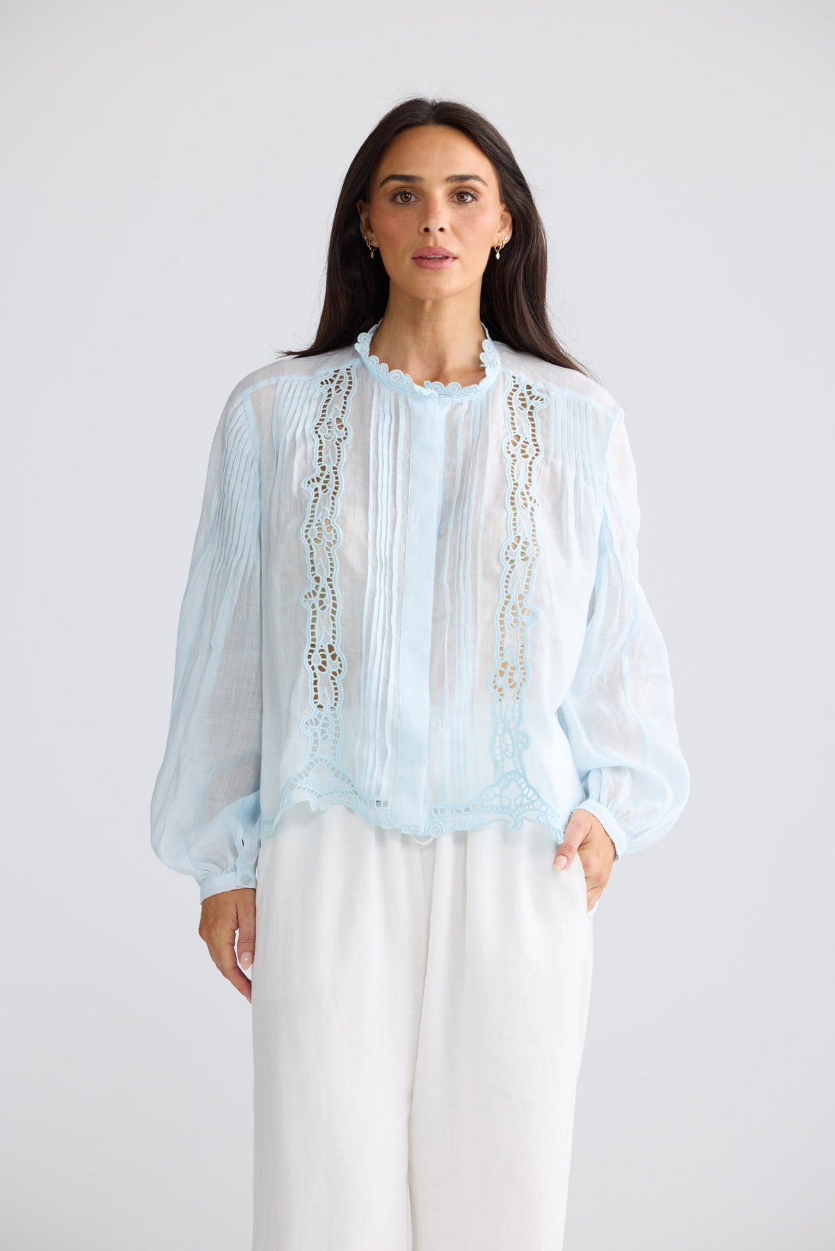 Model wearing Jenson Shirt in Powder Blue by Brave + True, view 2.