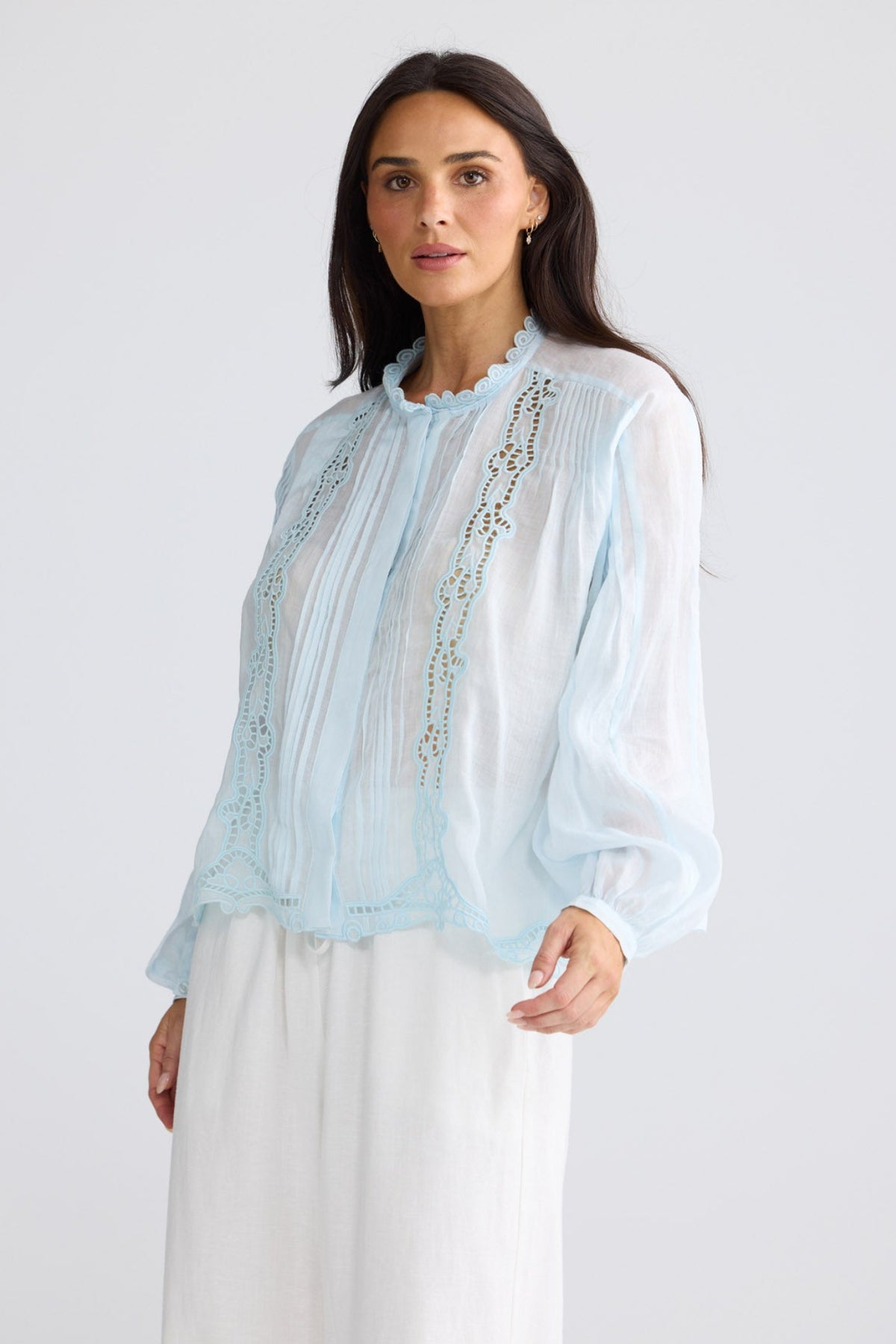 Model wearing Jenson Shirt in Powder Blue by Brave + True, view 3.