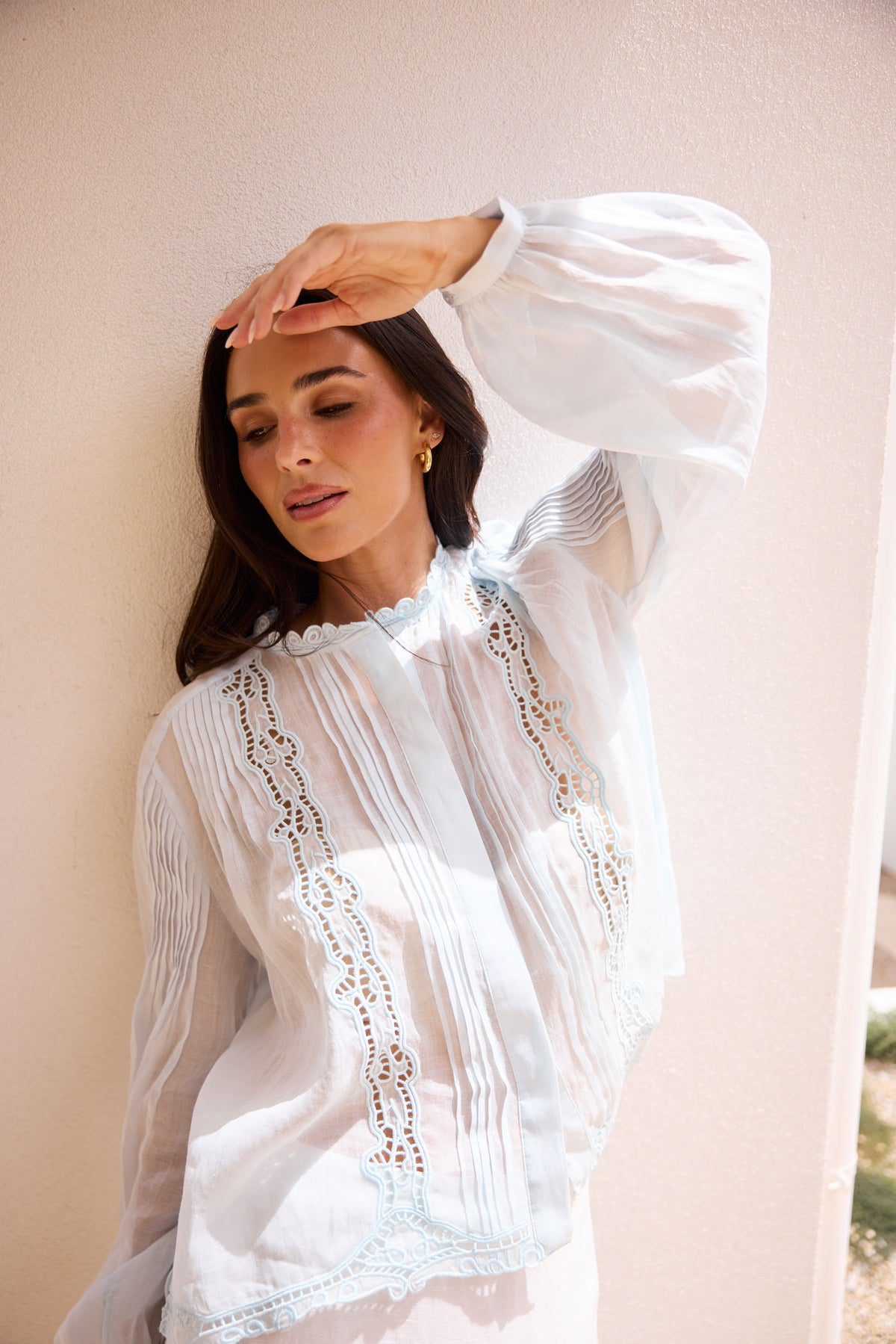 Model styling Jenson Shirt in Powder Blue by Brave + True, campaign lifestyle look 3.