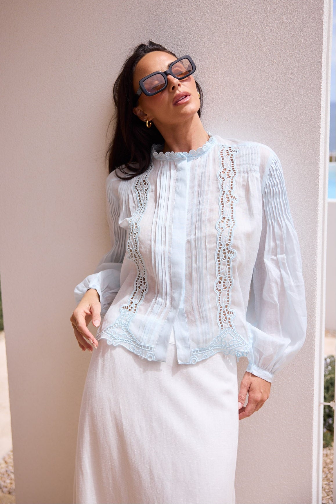 Model styling Jenson Shirt in Powder Blue by Brave + True, campaign lifestyle look 2.