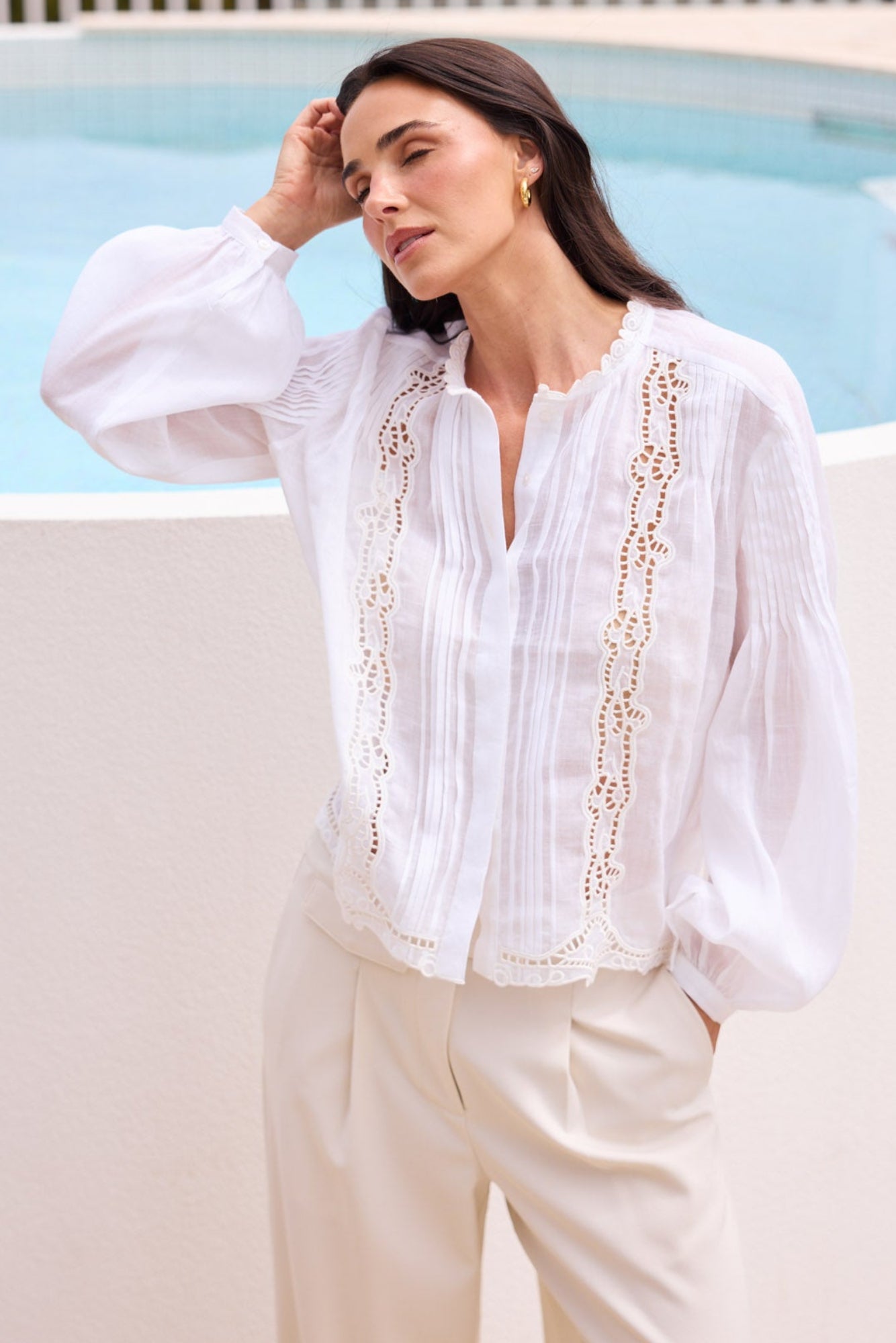 Model styling Jenson Shirt in White by Brave + True, campaign lifestyle look.