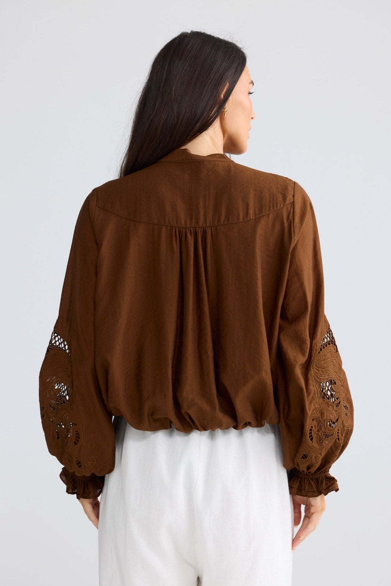 Model wearing Tiana Shirt in Bronze by Brave + True, view 6.