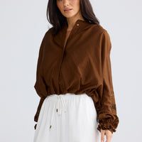 Model wearing Tiana Shirt in Bronze by brave+true, view 2.