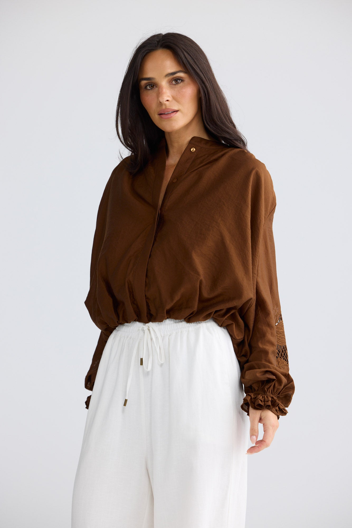 Model wearing Tiana Shirt in Bronze by Brave + True, view 2.