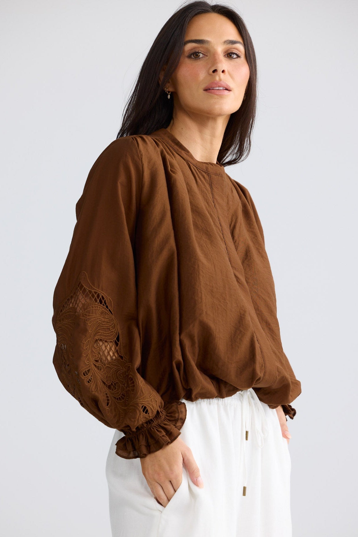 Model wearing Tiana Shirt in Bronze by Brave + True, view 3.