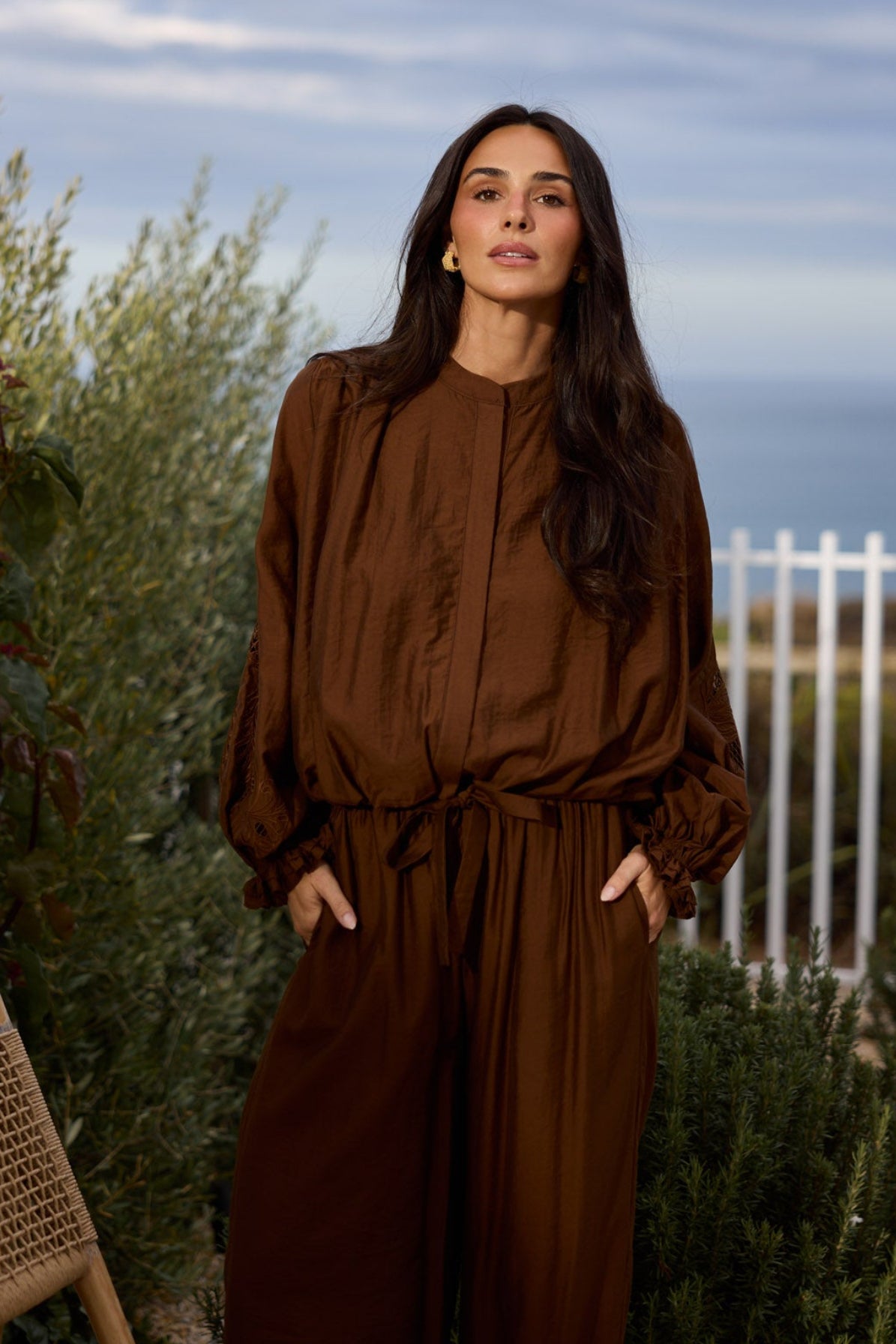 Model styling Tiana Shirt in Bronze by Brave + True, campaign lifestyle look 2.