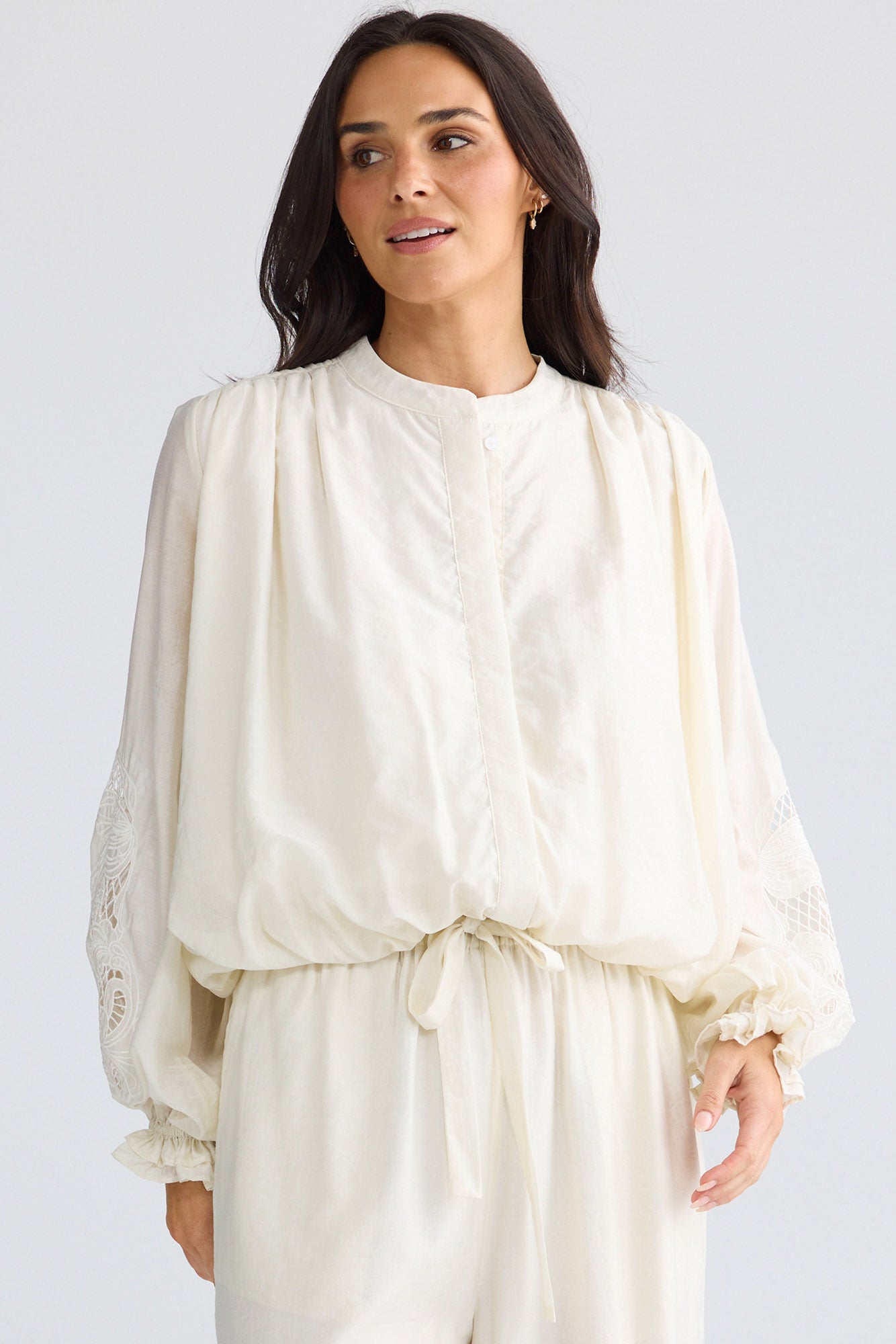 Model wearing Tiana Shirt in Ivory by Brave + True, view 2.
