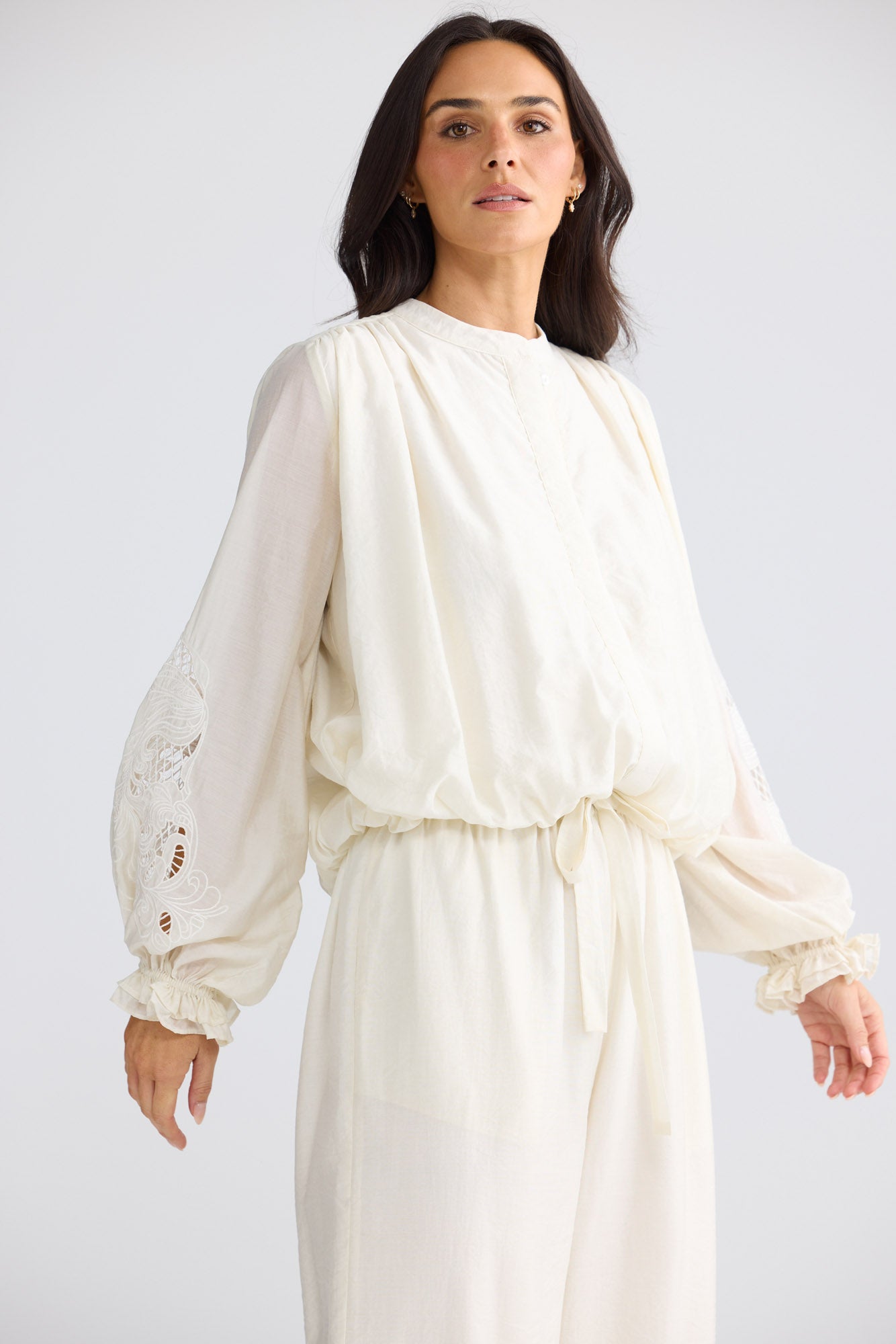 Model wearing Tiana Shirt in Ivory by Brave + True, view 3.