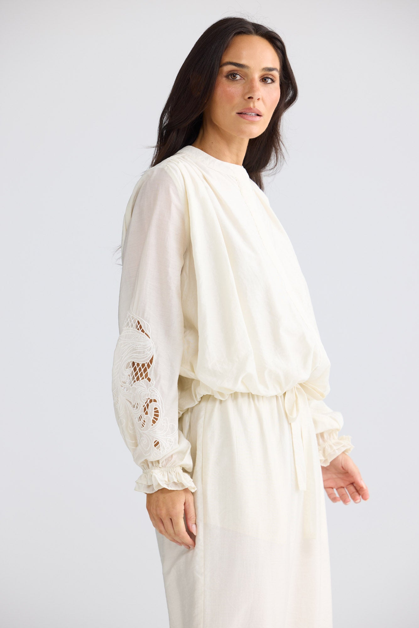 Model wearing Tiana Shirt in Ivory by Brave + True, view 4.