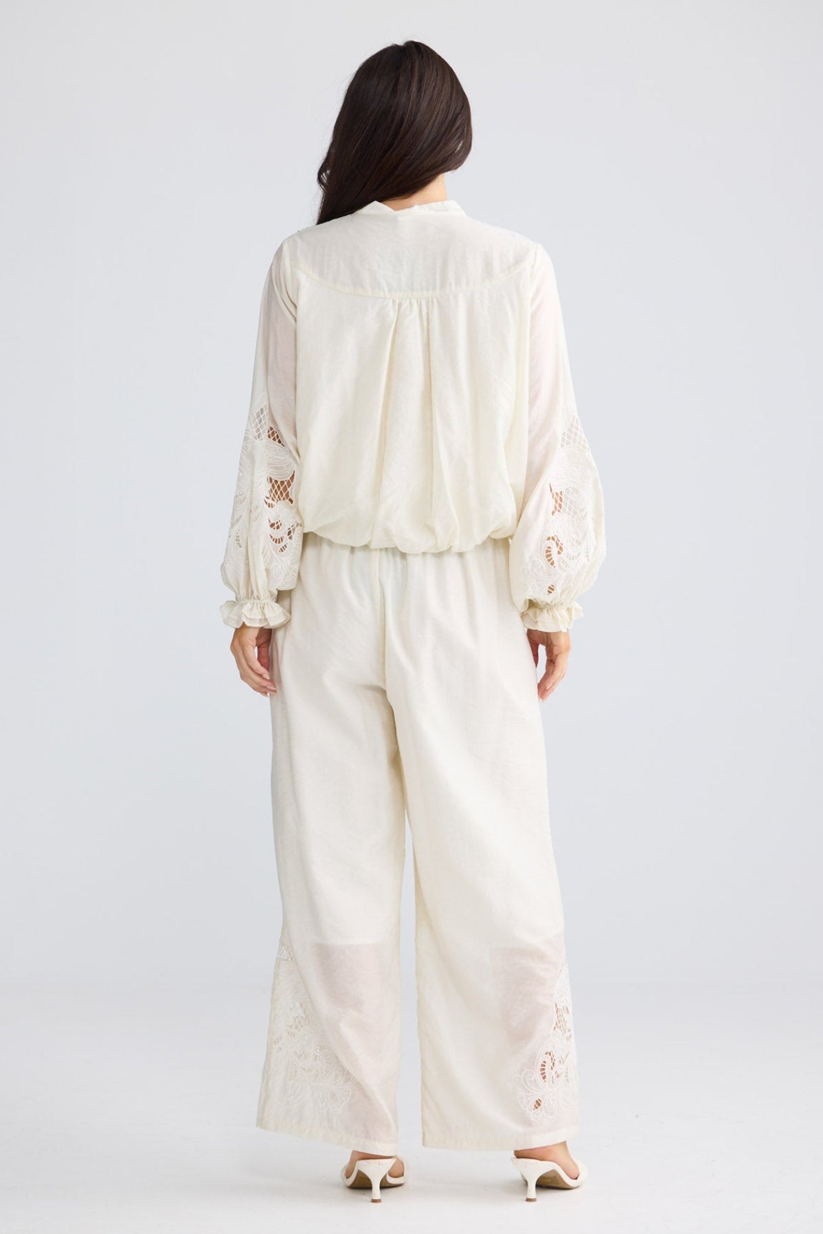 Model wearing Tiana Shirt in Ivory by Brave + True, view 6.