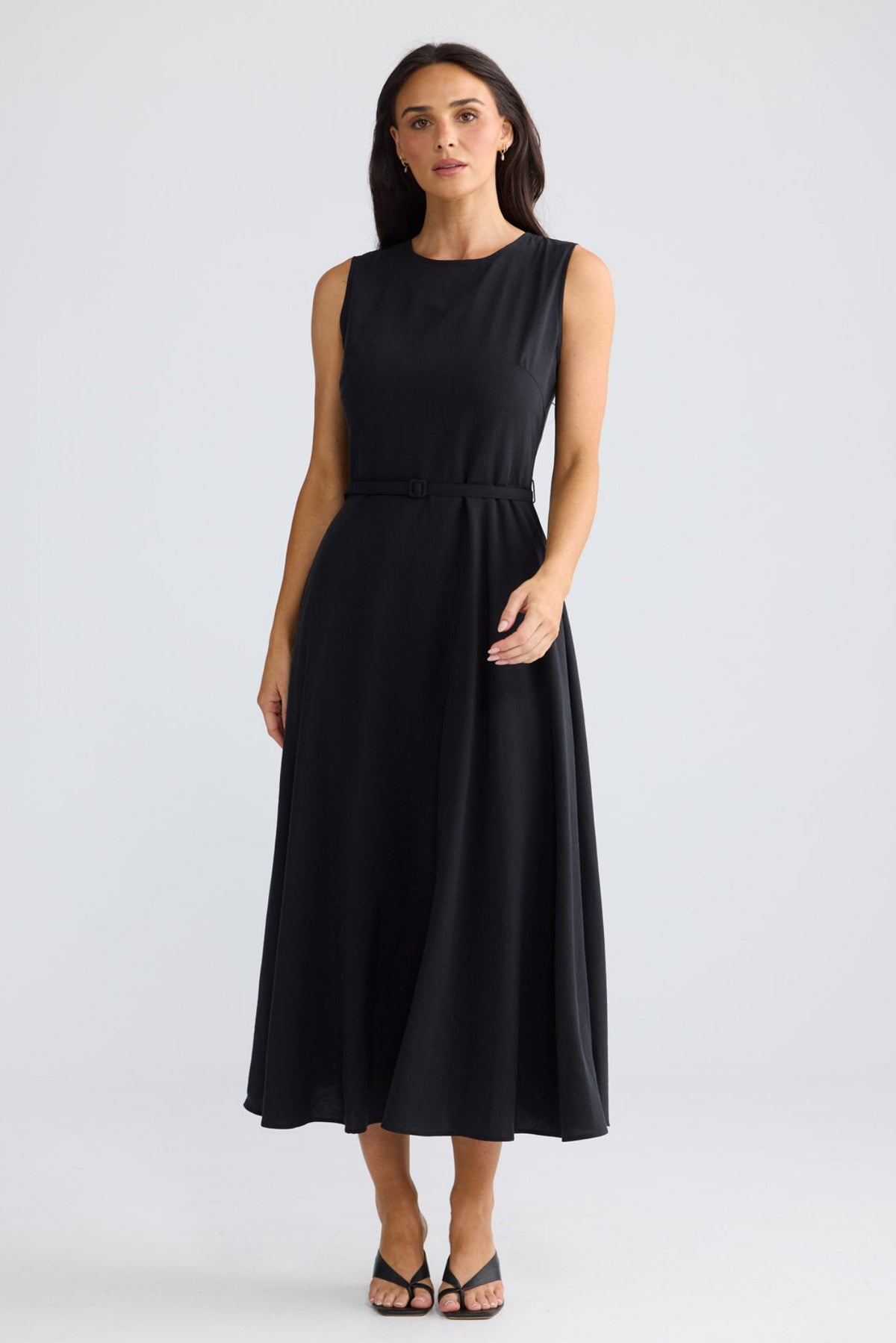 Model wearing Ren Midi Dress in Black by Brave + True, view 2.