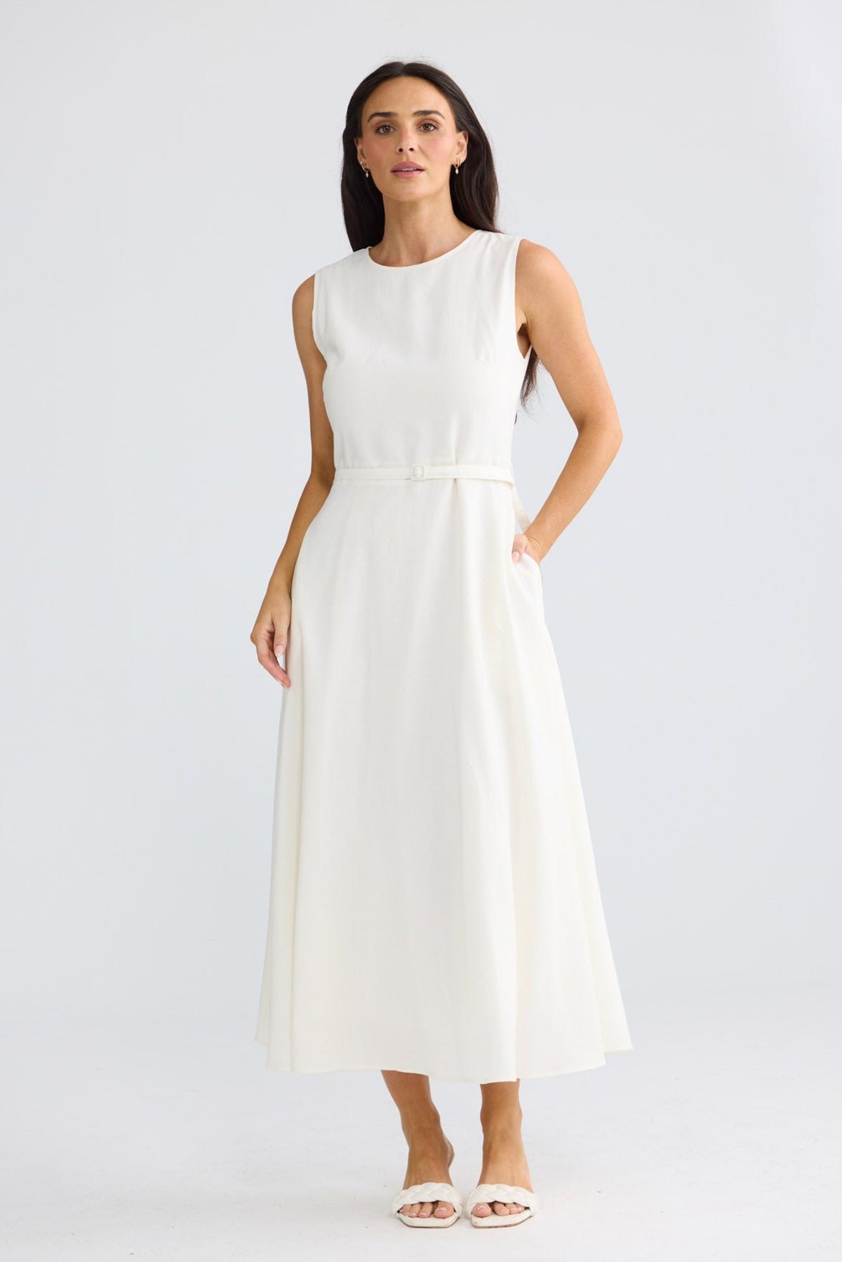 Model wearing Ren Midi Dress in Porcelain by Brave + True, view 2.