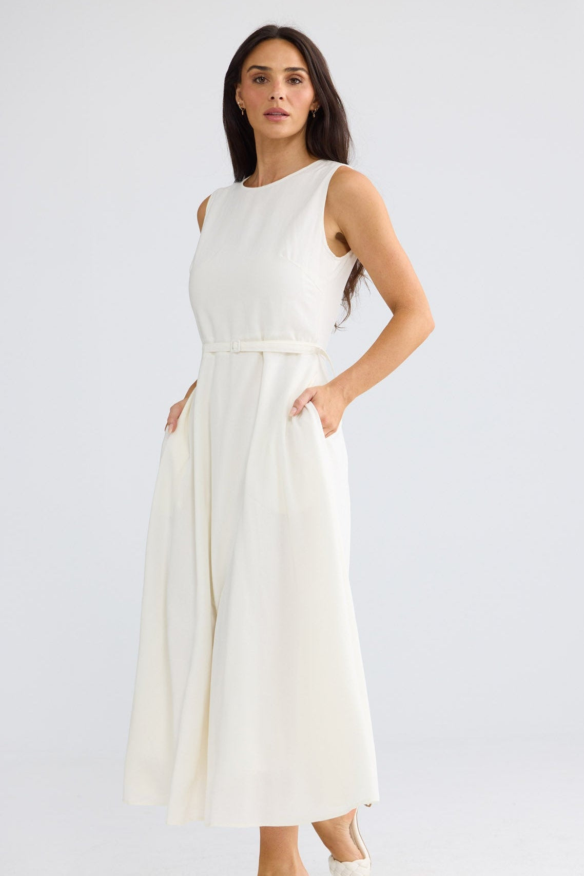 Model wearing Ren Midi Dress in Porcelain by Brave + True, view 3.