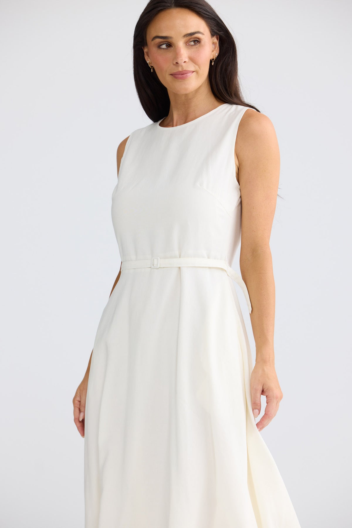 Model wearing Ren Midi Dress in Porcelain by Brave + True, view 4.