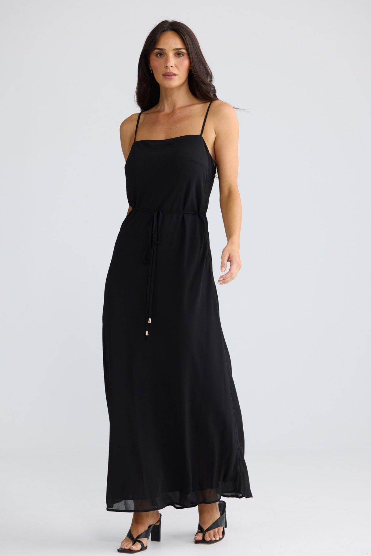 Model wearing Elsbeth Maxi Dress in Black by Brave + True, view 2.