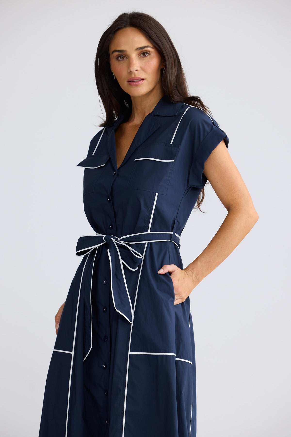 Model wearing Portia Dress in Navy W White by Brave + True, view 4.