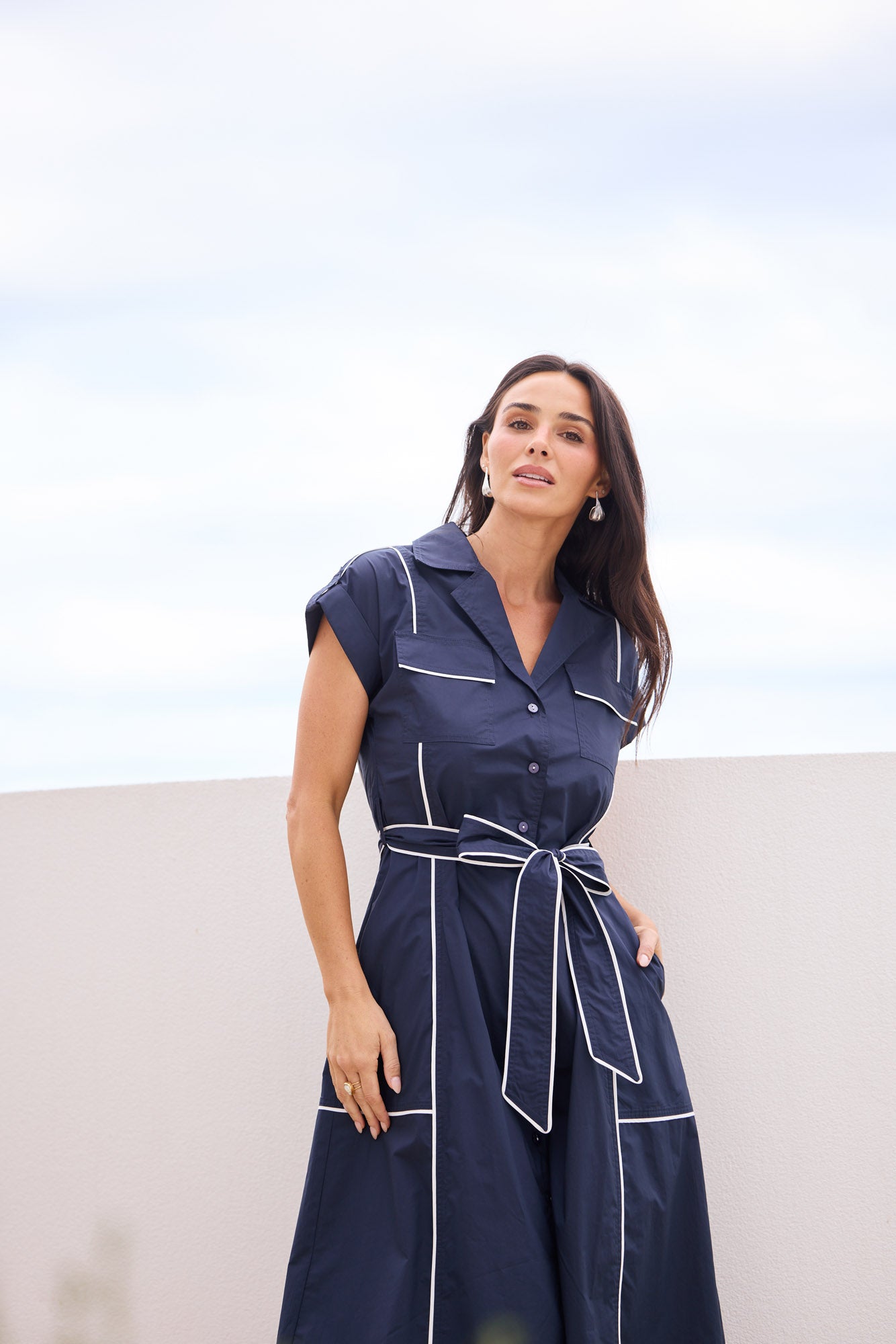 Model styling Portia Dress in Navy W White by Brave + True, campaign lifestyle look 2.