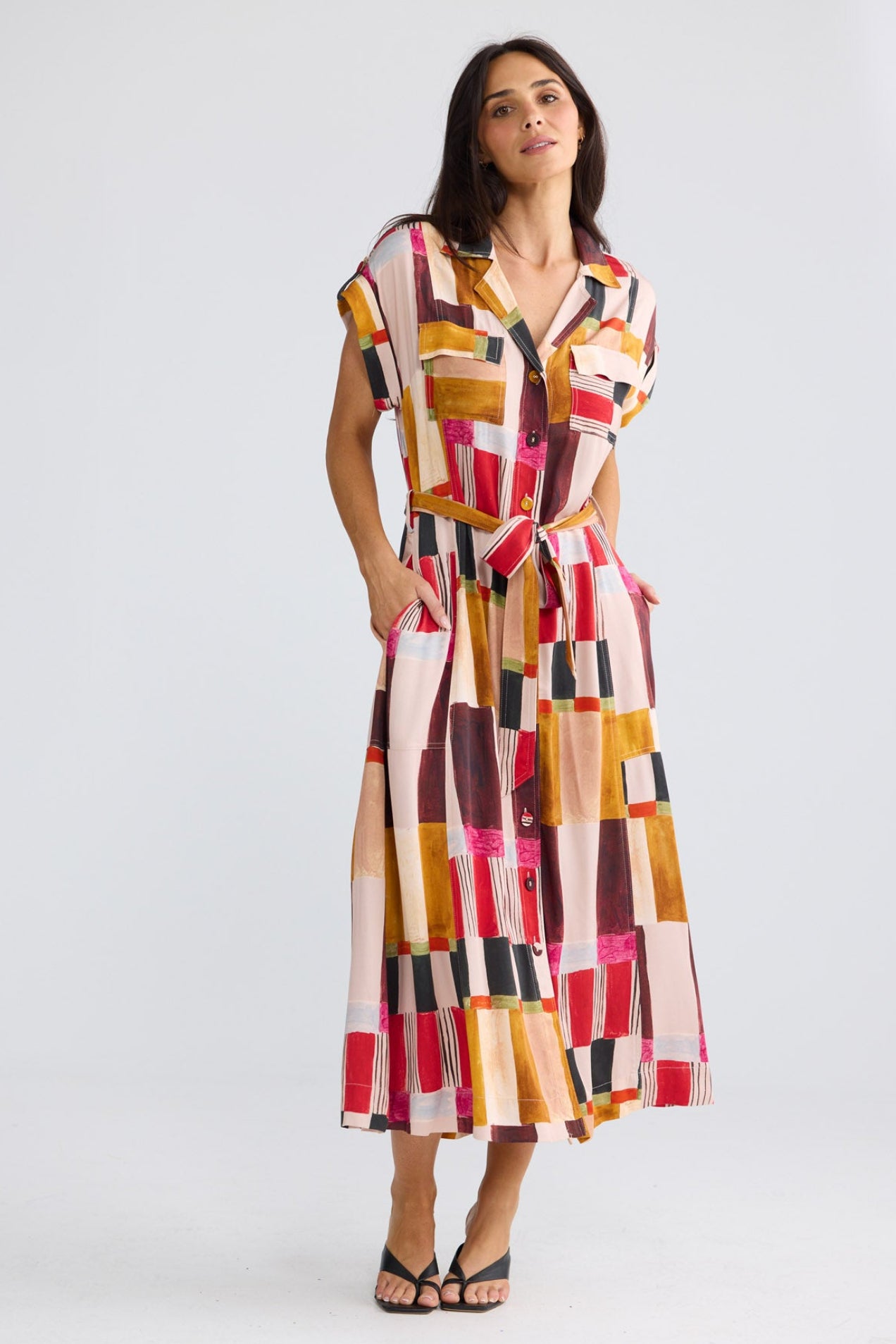 Model wearing Portia Dress in Painterly Geo by Brave + True, view 2.