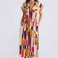 Model wearing Portia Dress in Painterly Geo by Brave + True, view 3.