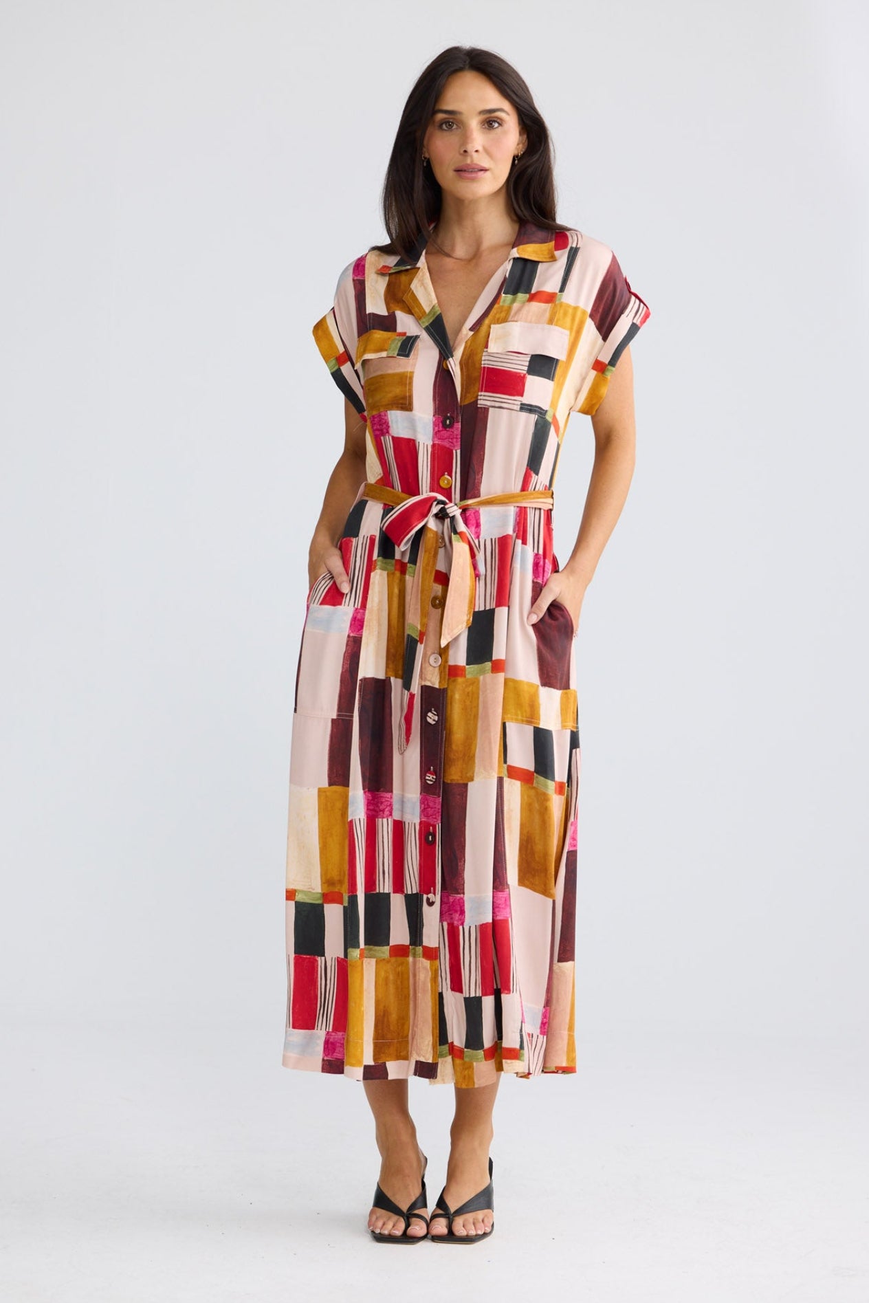 Model wearing Portia Dress in Painterly Geo by Brave + True, view 3.
