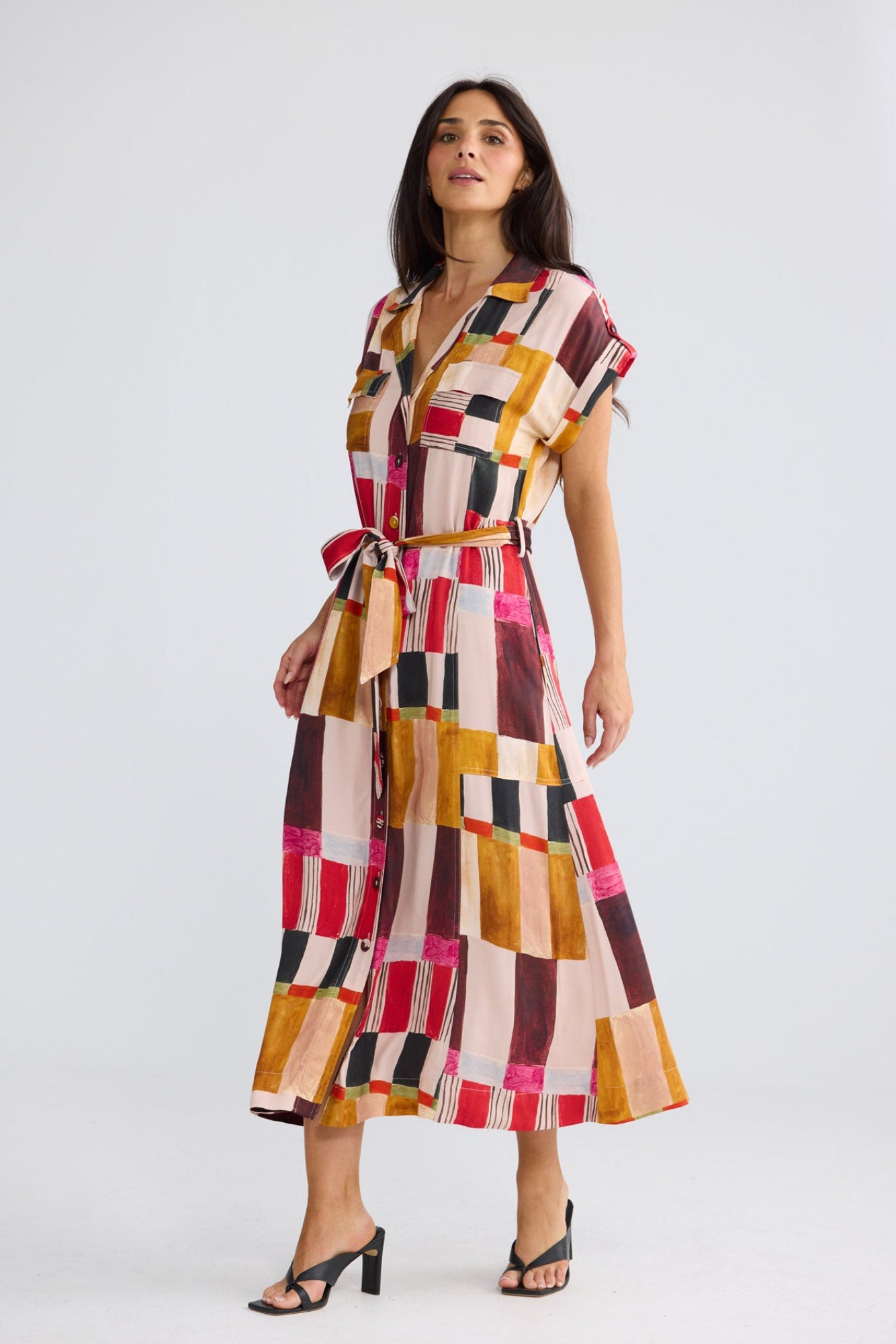 Model wearing Portia Dress in Painterly Geo by Brave + True, view 4.