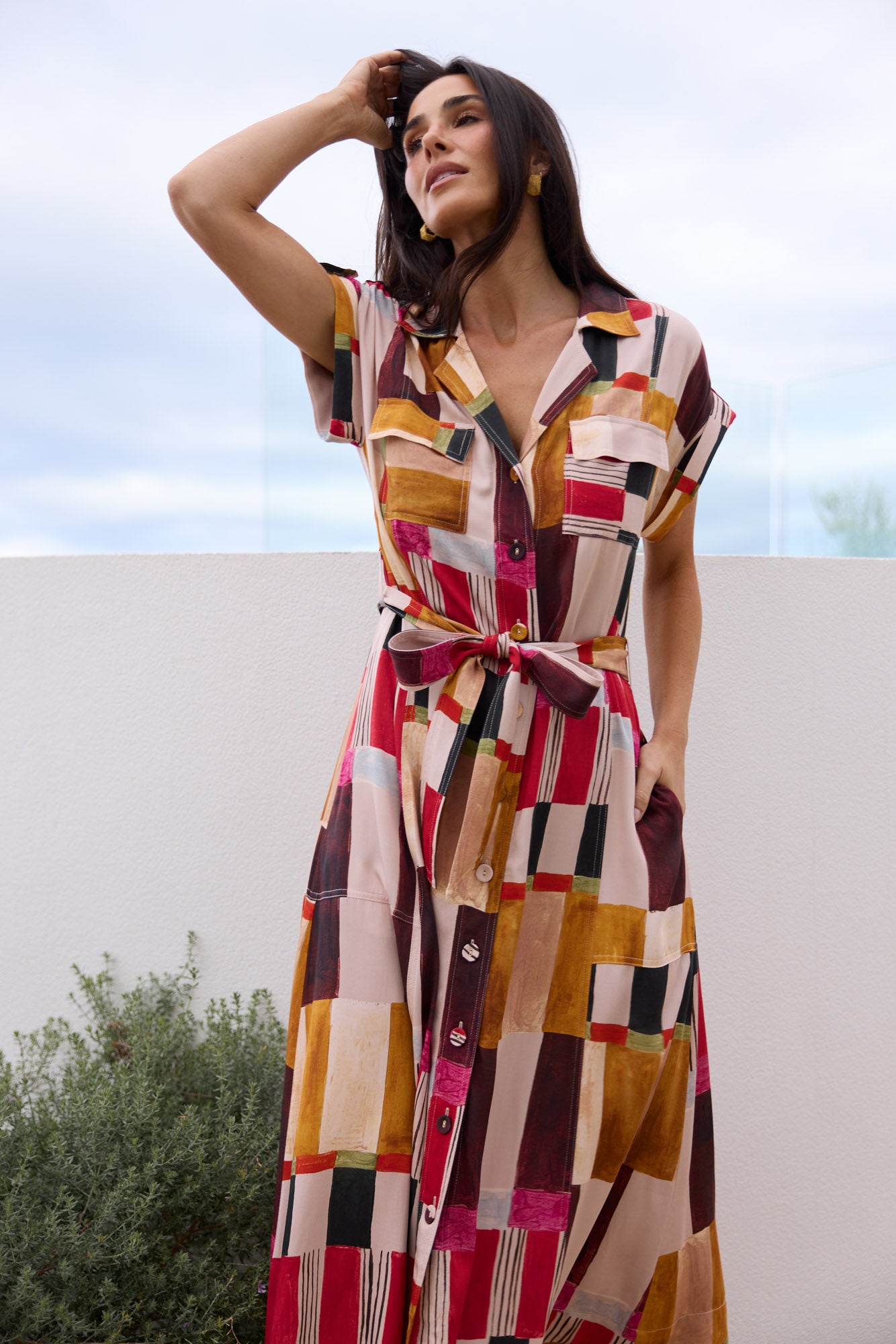 Model styling Portia Dress in Painterly Geo by Brave + True, campaign lifestyle look 3.