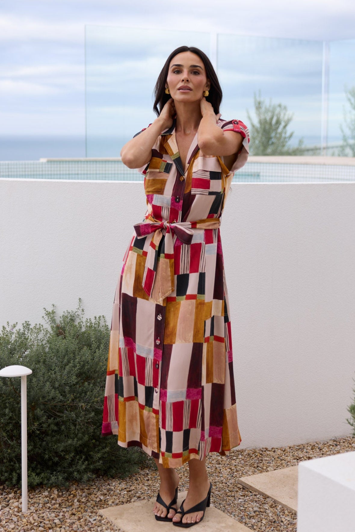 Model styling Portia Dress in Painterly Geo by Brave + True, campaign lifestyle look 2.