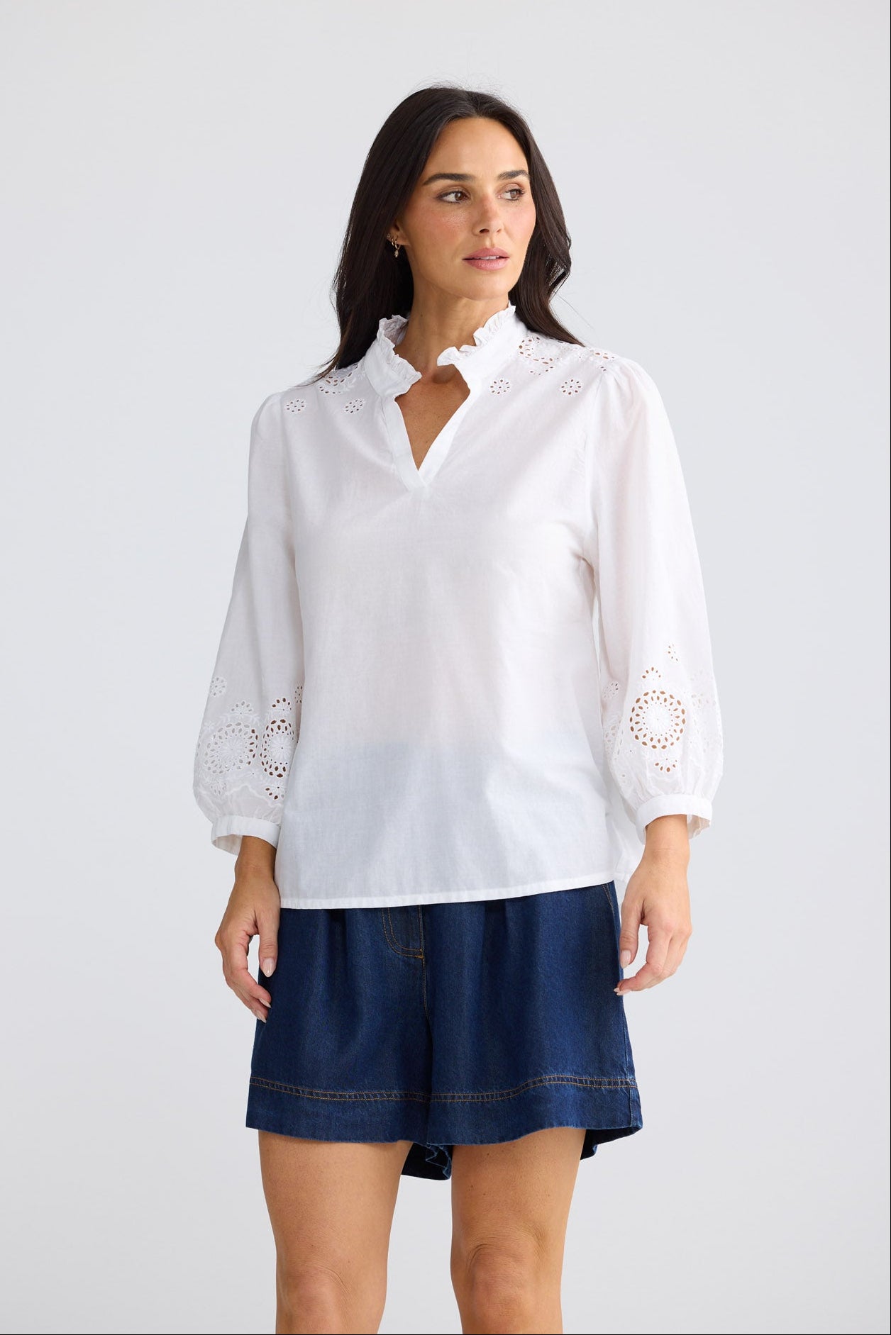Model wearing Loretta Top in White by Brave + True, view 2.