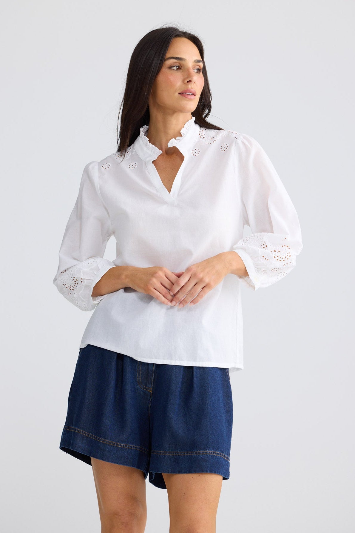 Model wearing Loretta Top in White by Brave + True, view 3.