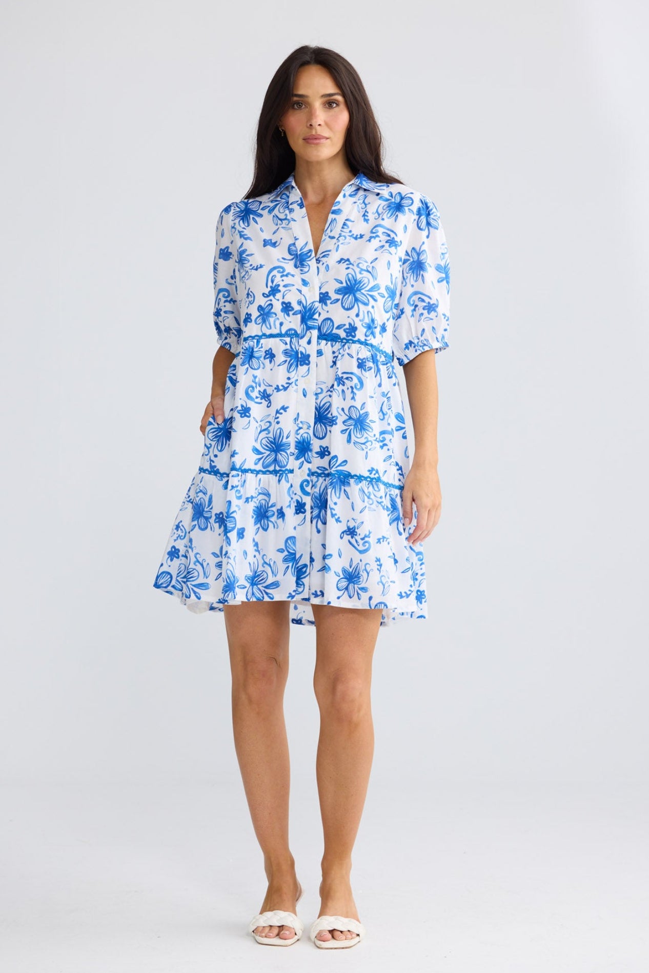 Model wearing Rachel Short Dress in Blue Bliss by Brave + True, view 2.