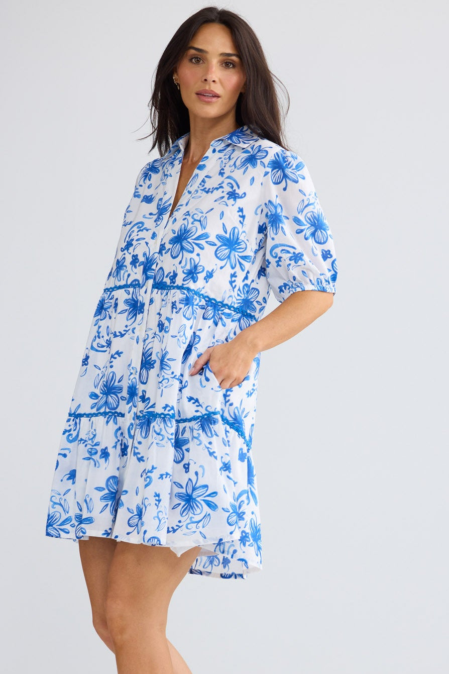 Model wearing Rachel Short Dress in Blue Bliss by Brave + True, view 3.