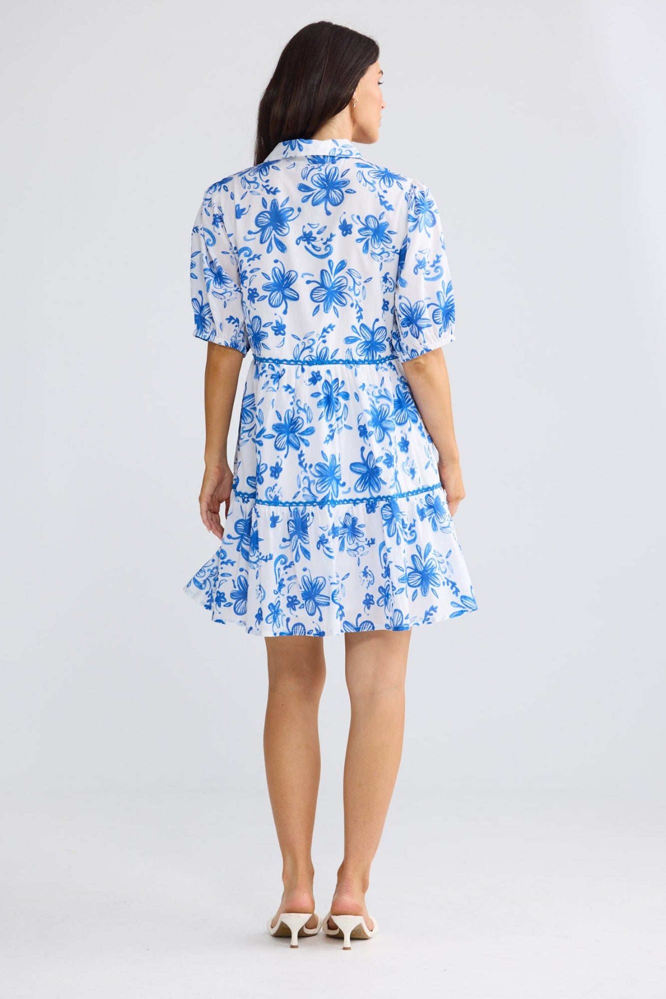 Model wearing Rachel Short Dress in Blue Bliss by Brave + True, view 5.