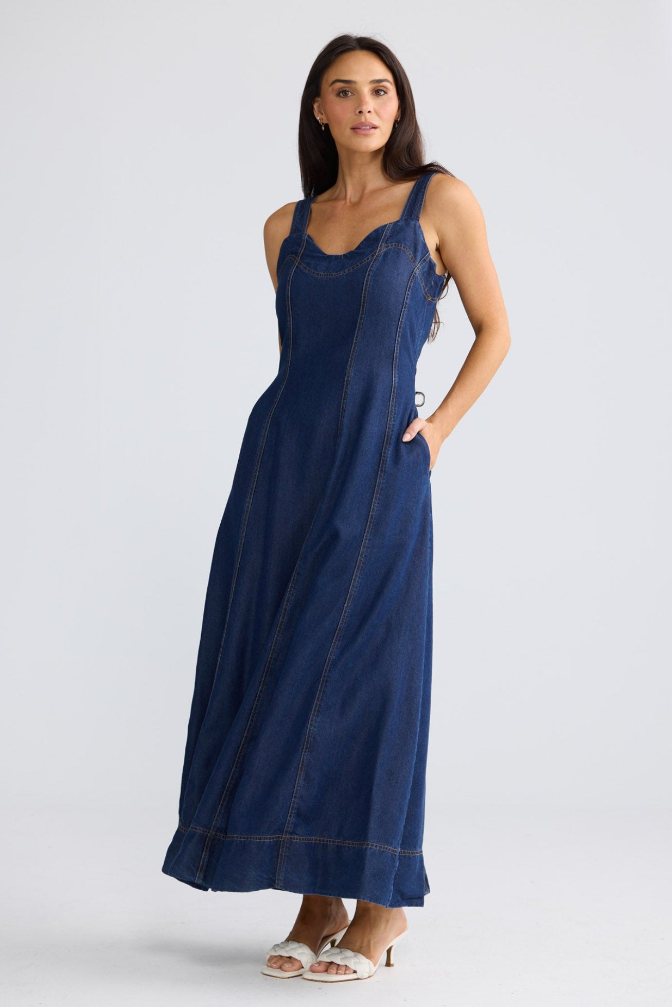 Model wearing Heather Dress in Indigo by Brave + True, view 3.
