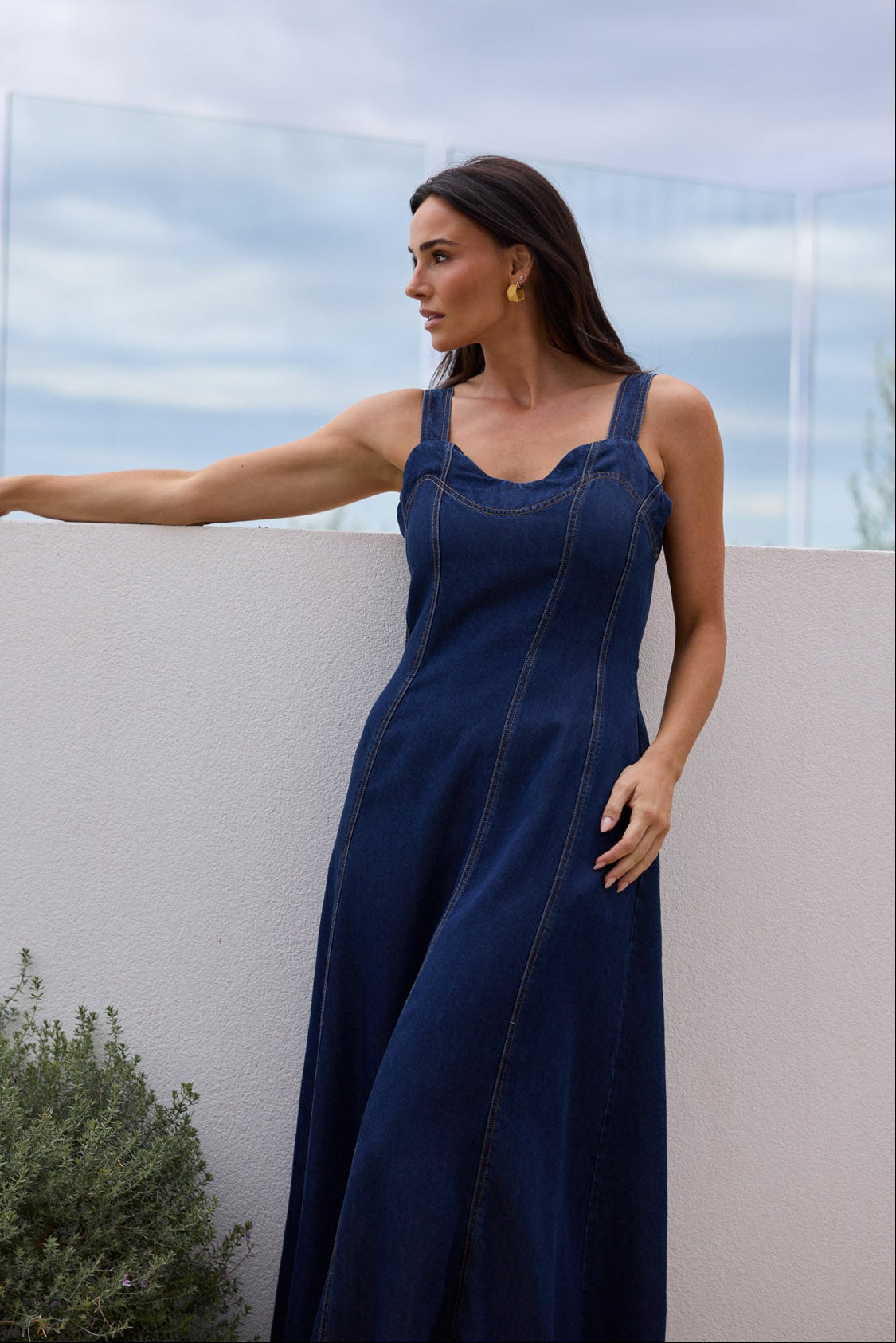 Model styling Heather Dress in Indigo by Brave + True, campaign lifestyle look 2.
