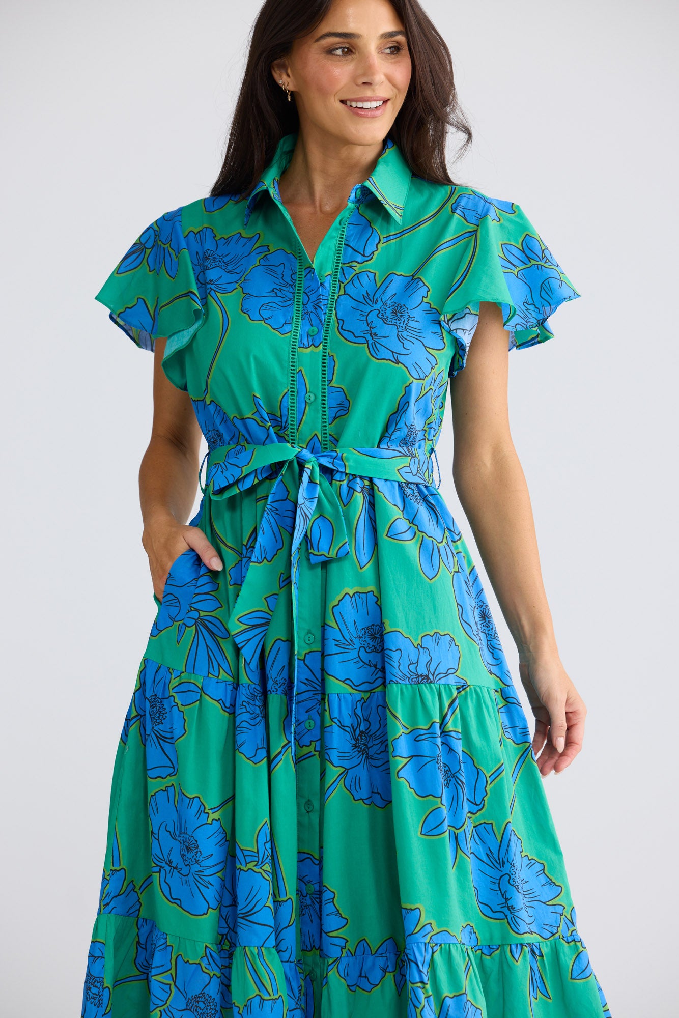 Model wearing Alice Short Sleeve Dress in Bloomsbury Floral by Brave + True, view 2.