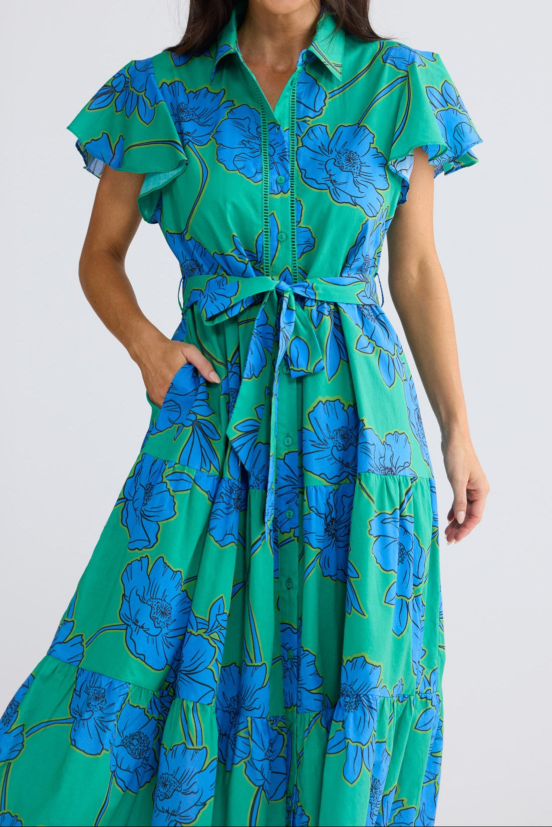 Model wearing Alice Short Sleeve Dress in Bloomsbury Floral print by Brave + True, front view.