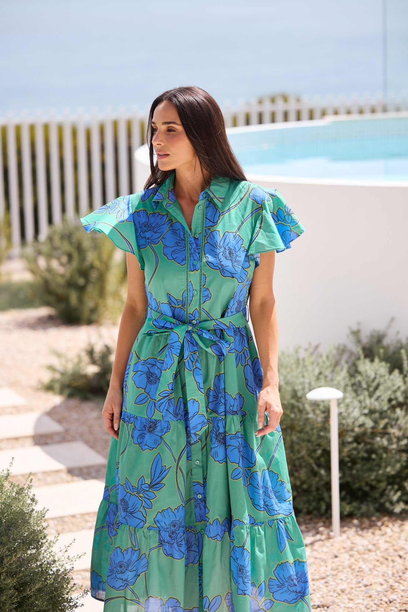 Model styling Alice Short Sleeve Dress in Bloomsbury Floral by Brave + True, campaign lifestyle look 2.