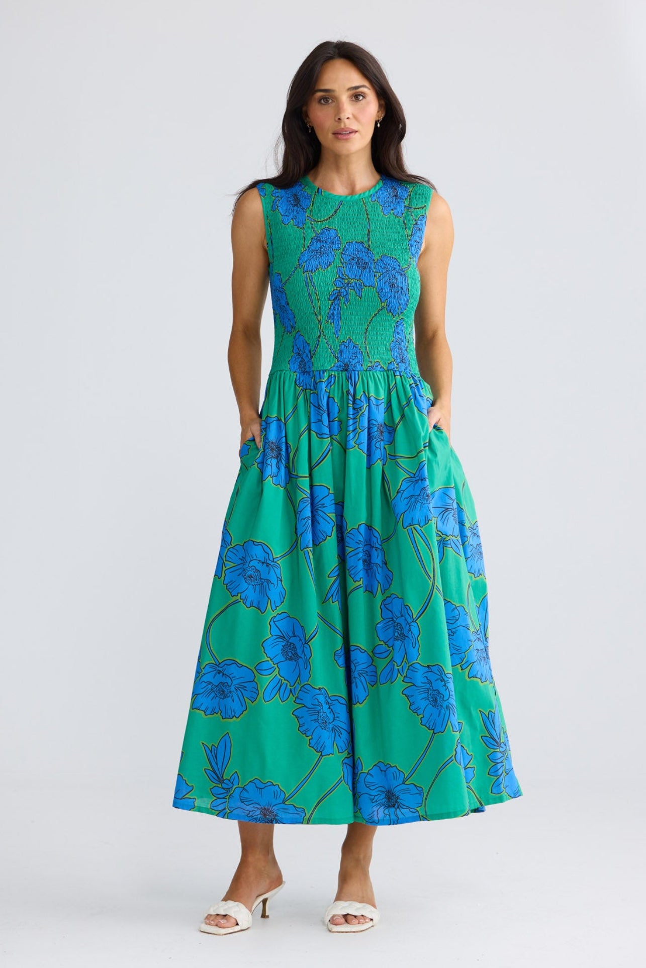 Model wearing Addison Dress in Bloomsbury Floral by Brave + True, view 4.