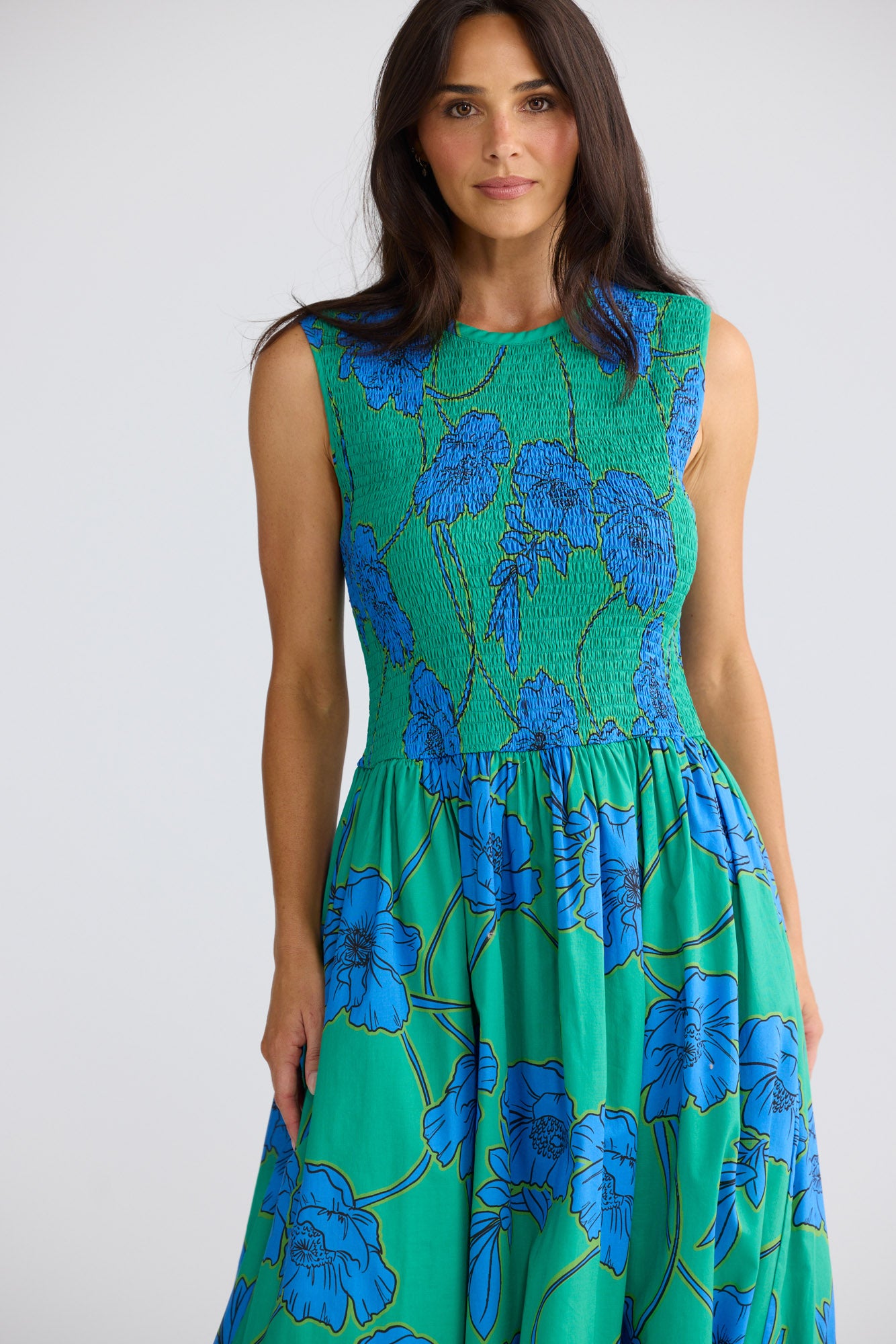 Model wearing Addison Dress in Bloomsbury Floral by Brave + True, view 2.