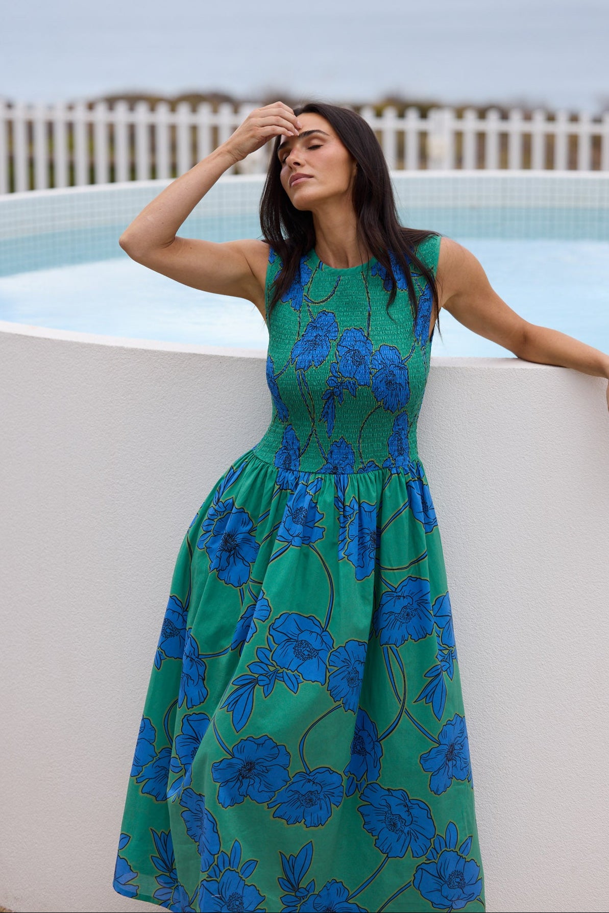 Model styling Addison Dress in Bloomsbury Floral by Brave + True, campaign lifestyle look 2.