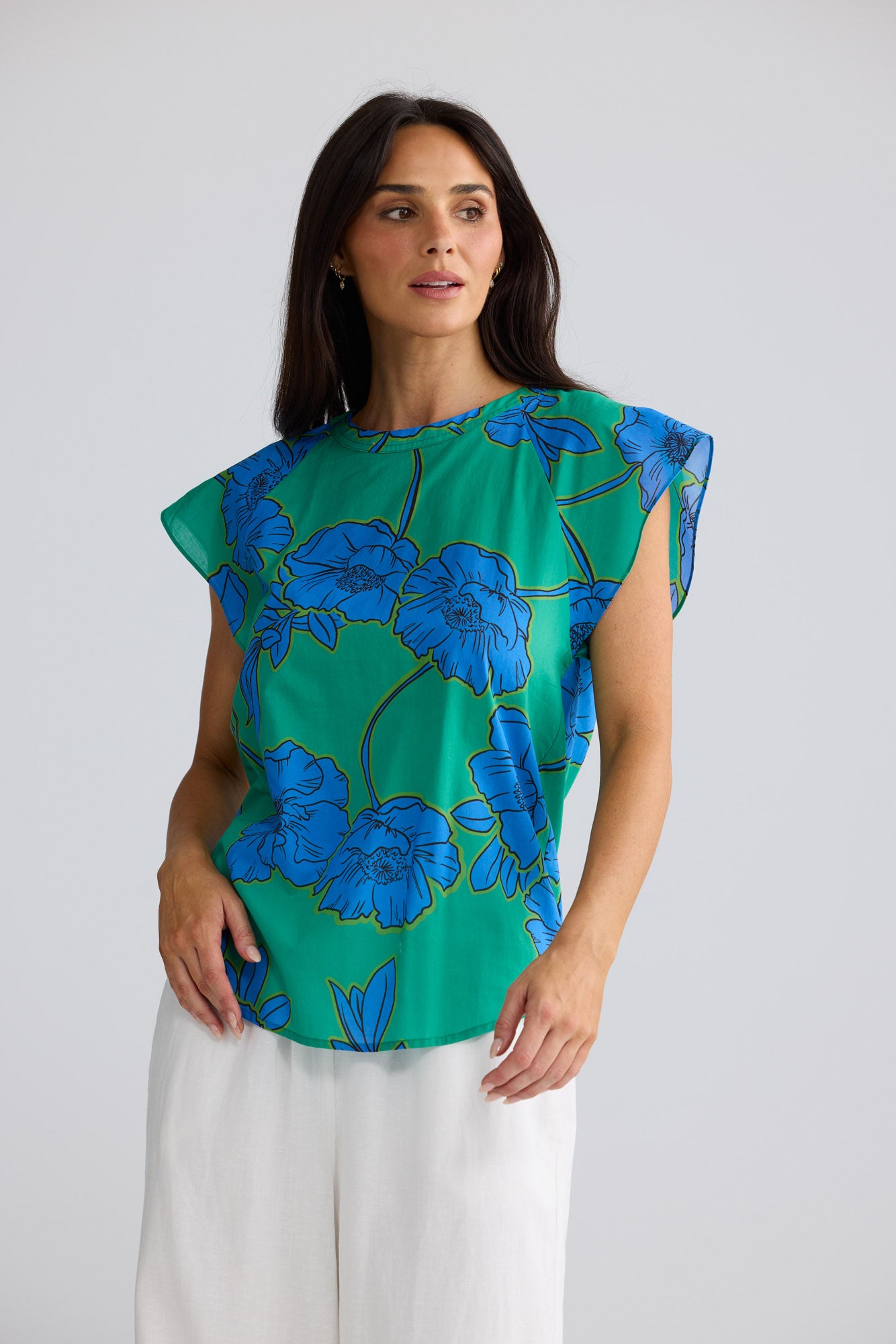 Model wearing Boulevard Top in Bloomsbury Floral by Brave + True, view 3.
