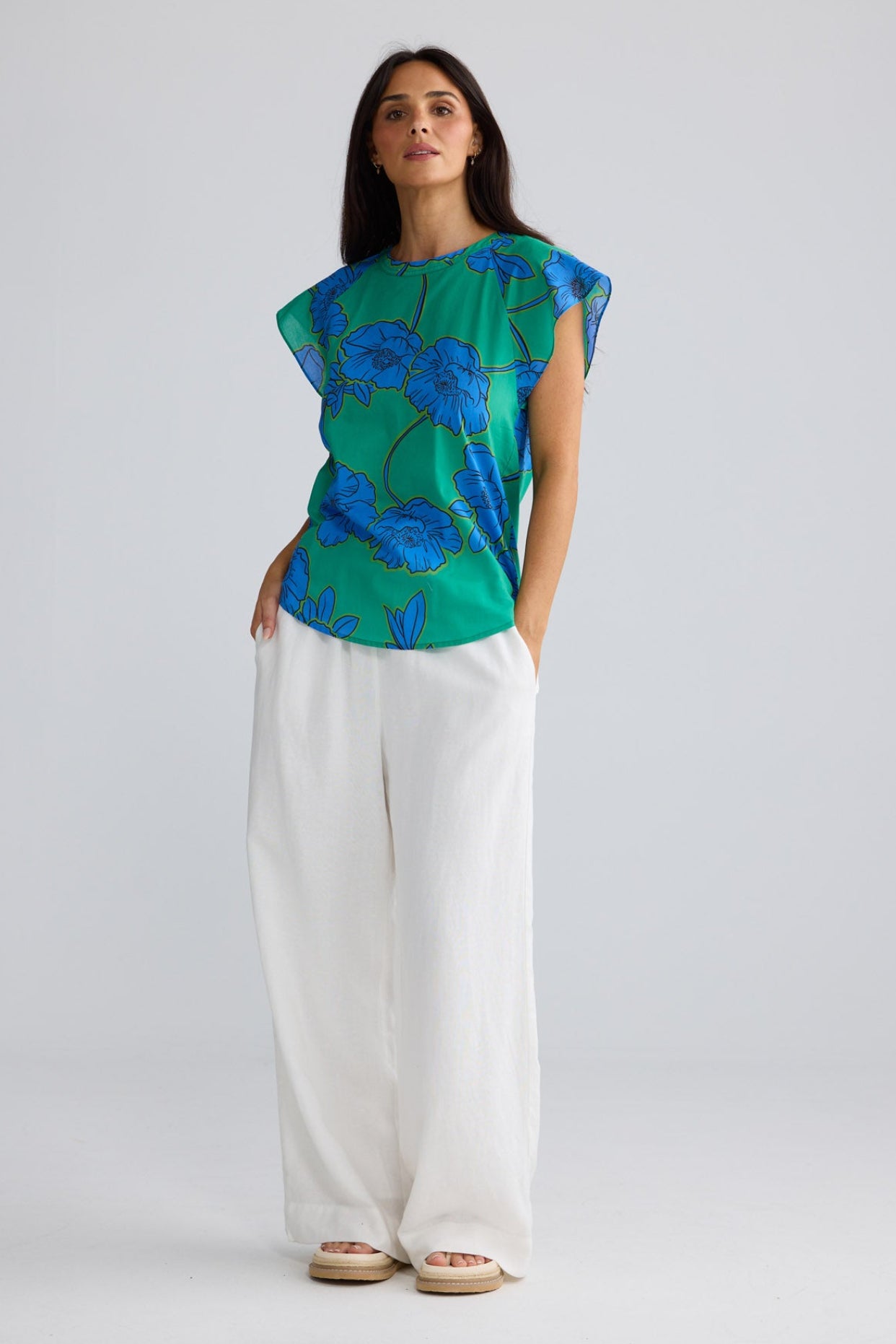 Model wearing Boulevard Top in Bloomsbury Floral by Brave + True, view 2.